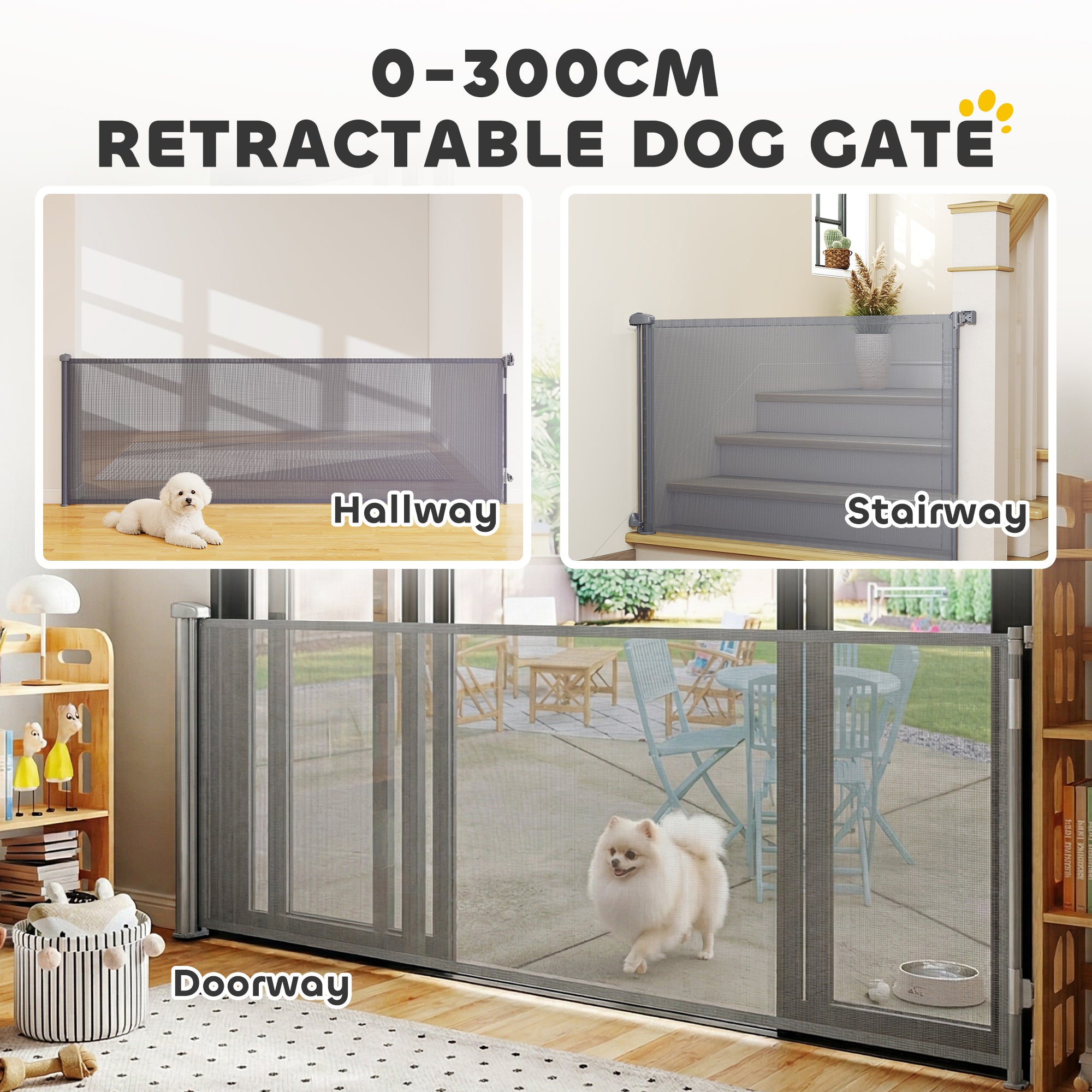 pawhut-barri-re-de-s-curit-chien-r-tractable-300-cm-grise-escaliers-et-portes image 6