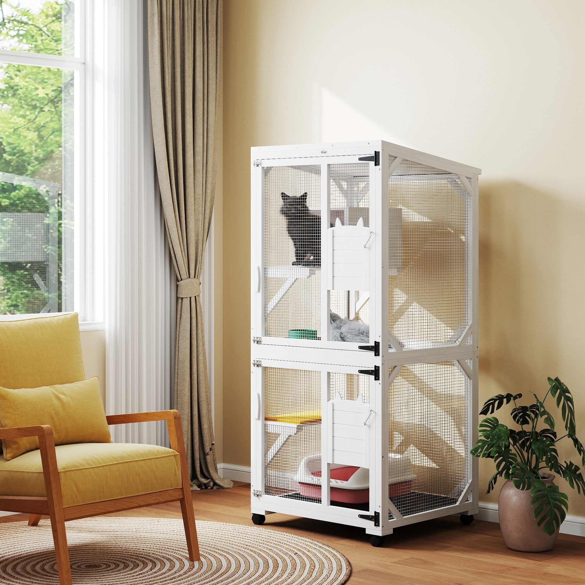 pawhut-catio-sur-lev-roulettes-182-cm-avec-plateformes-et-toit-blanc image 4