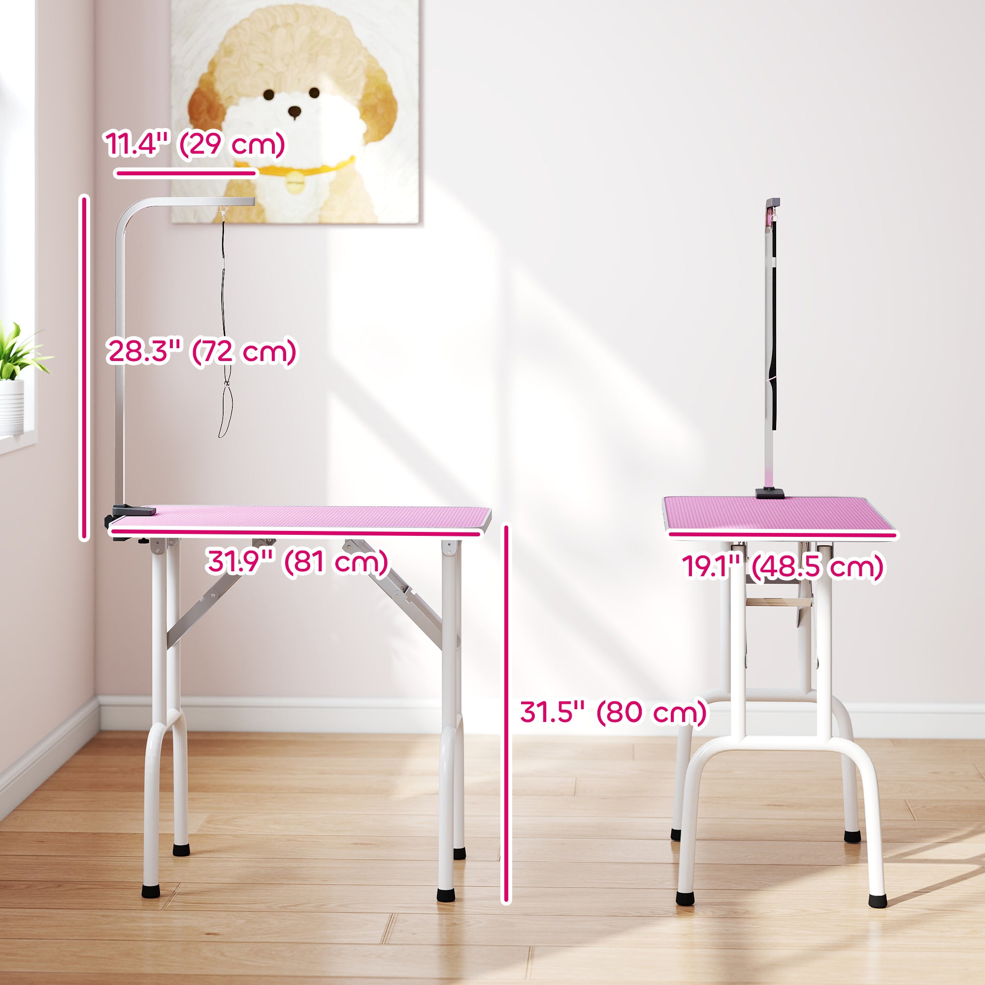 pawhut-table-de-toilettage-pliable-32-pouces-rose-avec-bras-r-glable-et-surface- image 5
