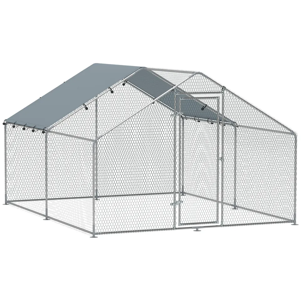 pawhut-enclos-ext-rieur-pour-poules-3-x-3-4-m-m-tal-avec-b-che-uv-argent image 1