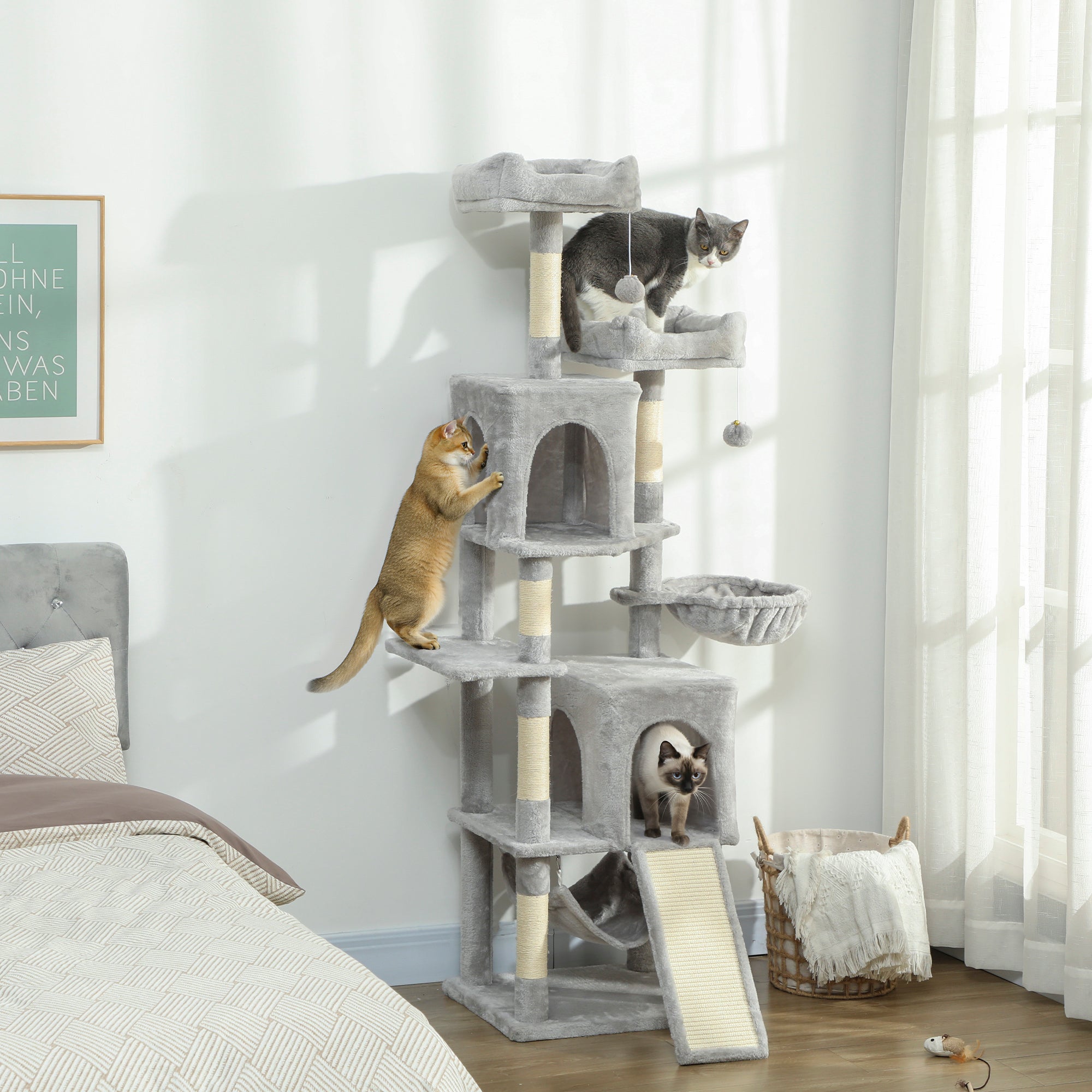 pawhut-arbre-chat-177-cm-2-niches-2-perchoirs-hamac-gris-clair image 4