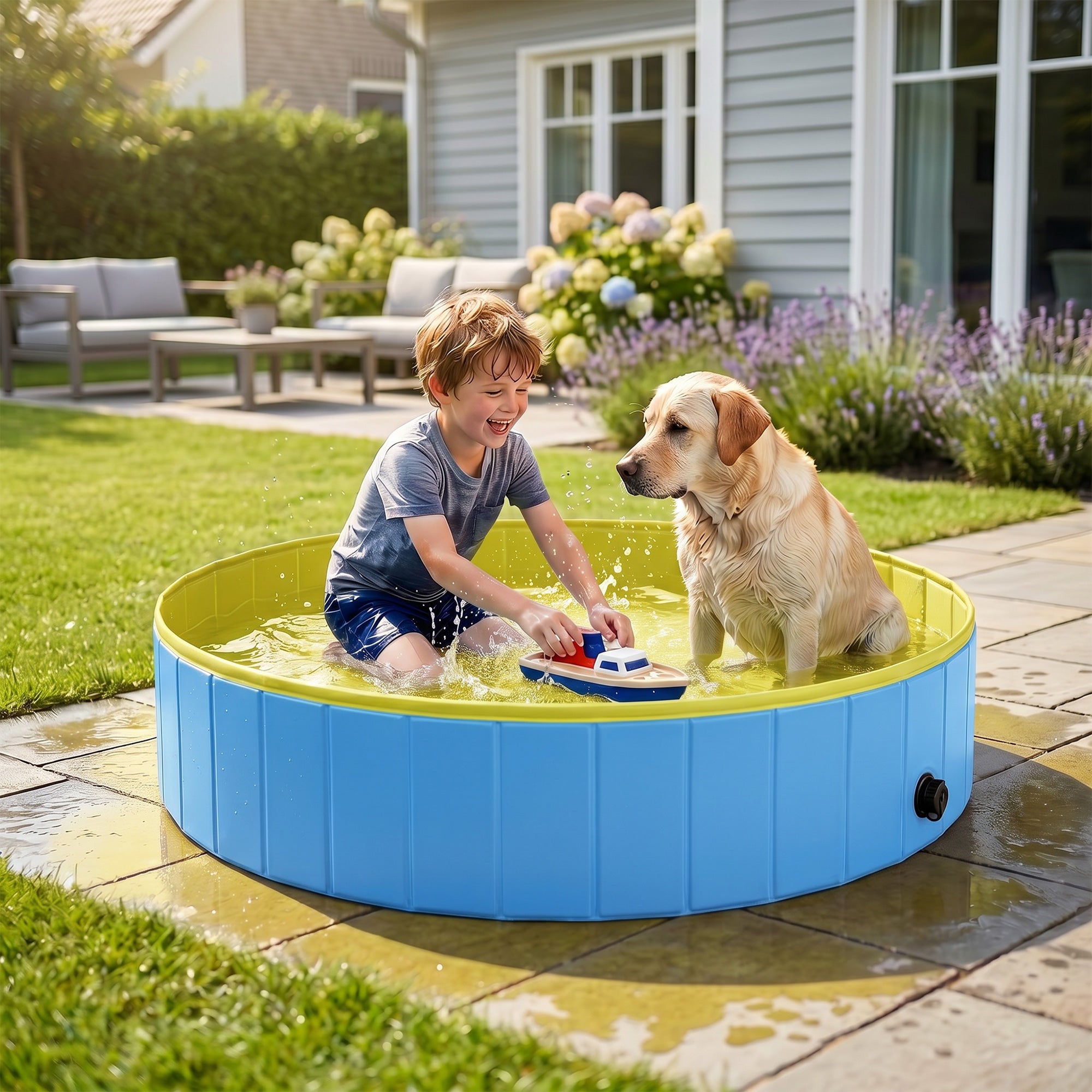 pawhut-piscine-pliable-pour-animaux-160-x-30-cm-pvc-pais-bleu-et-jaune image 4