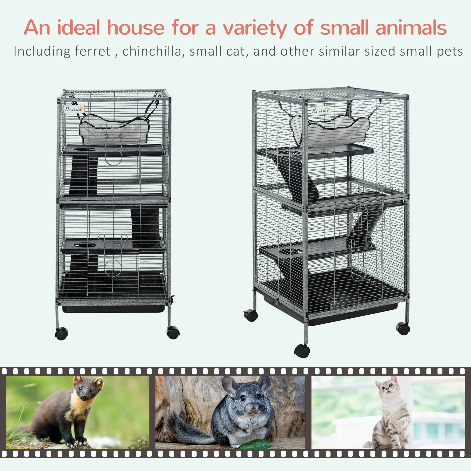 pawhut-cage-petits-animaux-4-tages-roulettes-avec-hamac-et-bac-gris image 7