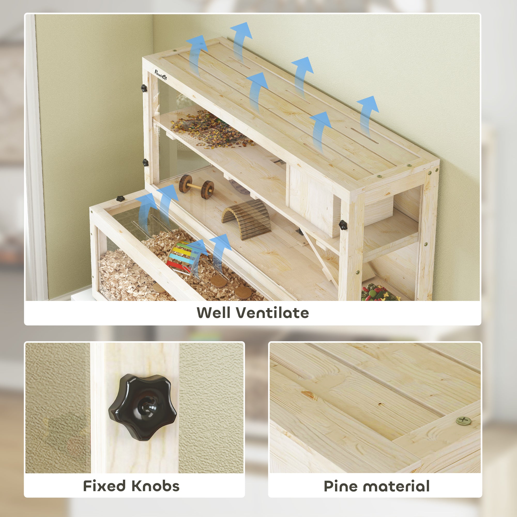 pawhut-cage-hamster-bois-100-x-50-x-84-cm-3-tages-avec-roue-et-rampes image 7