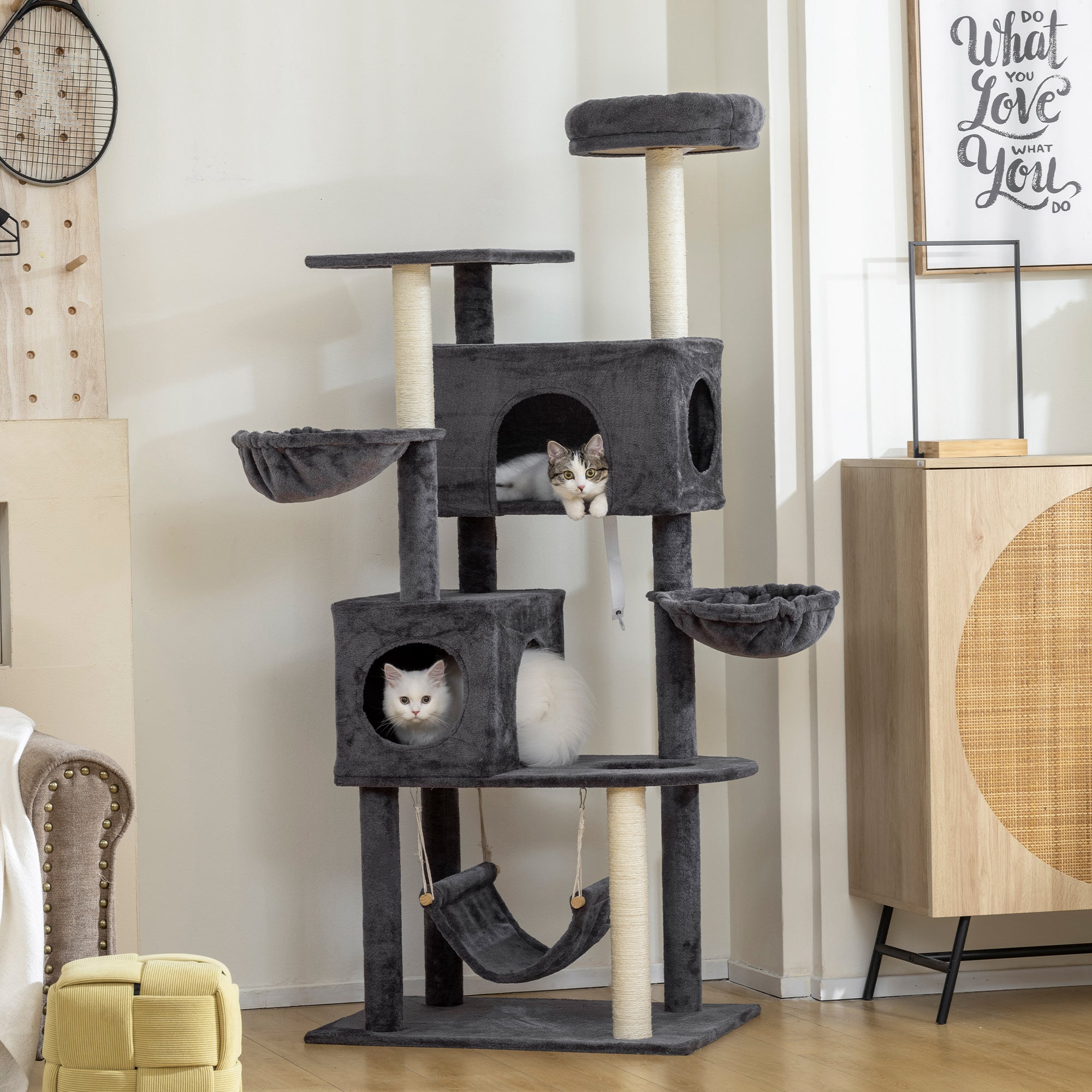 pawhut-arbre-chat-168-cm-2-niches-3-hamacs-avec-nid-sup-rieur-gris-fonc image 3