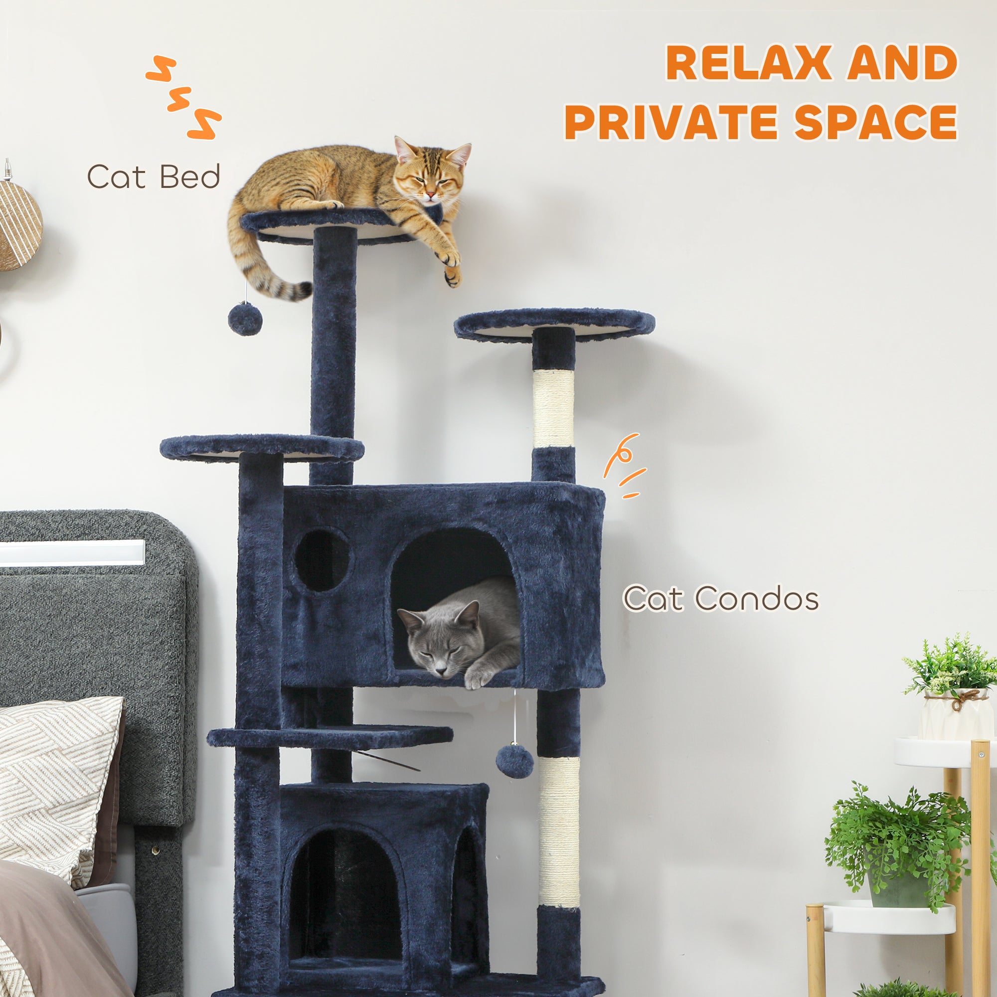 pawhut-arbre-chat-63-avec-condos-lit-rampe-et-griffoir-bleu-fonc image 7