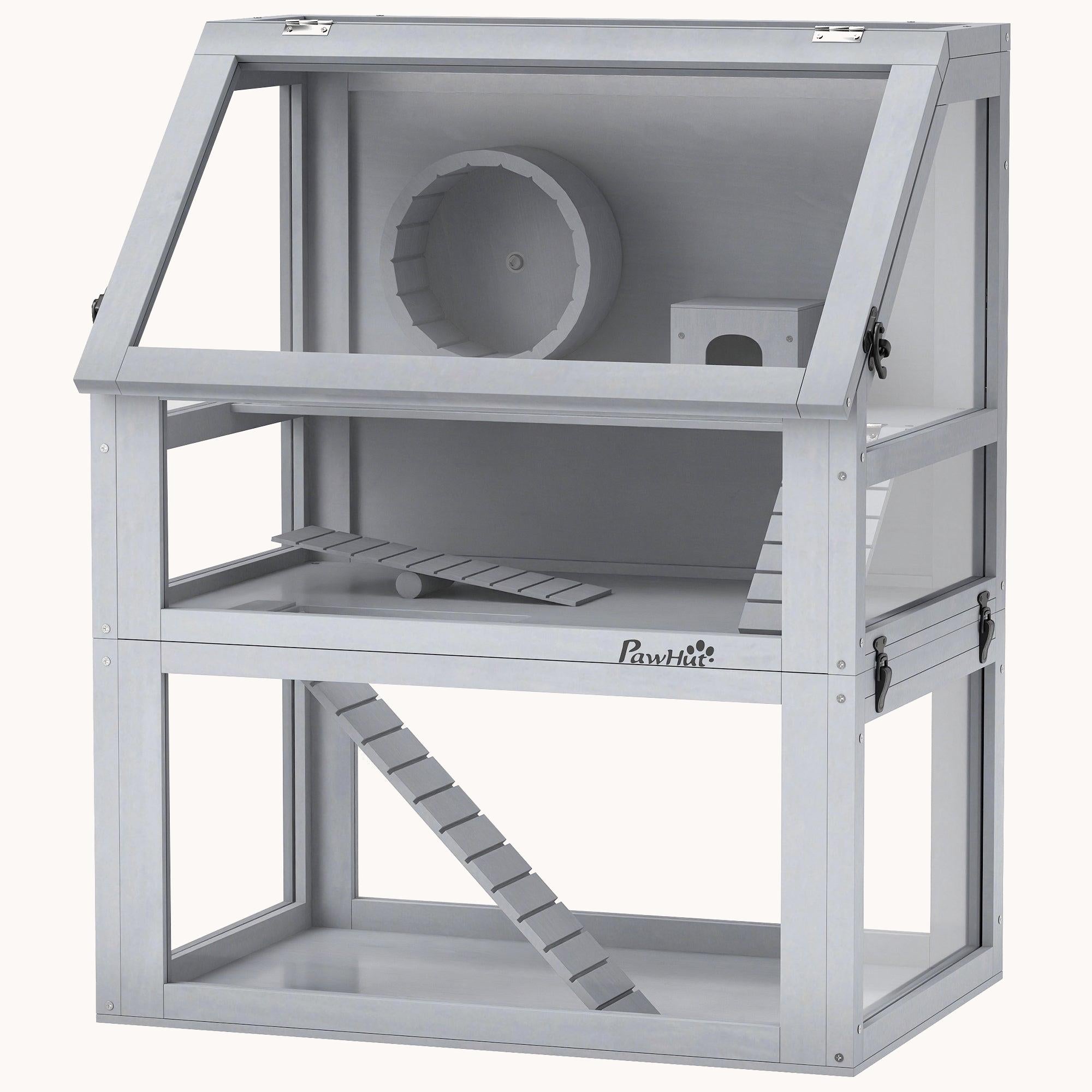 pawhut-cage-hamster-bois-3-niveaux-avec-roue-et-rampes-24x16x29-5-pouces image 2