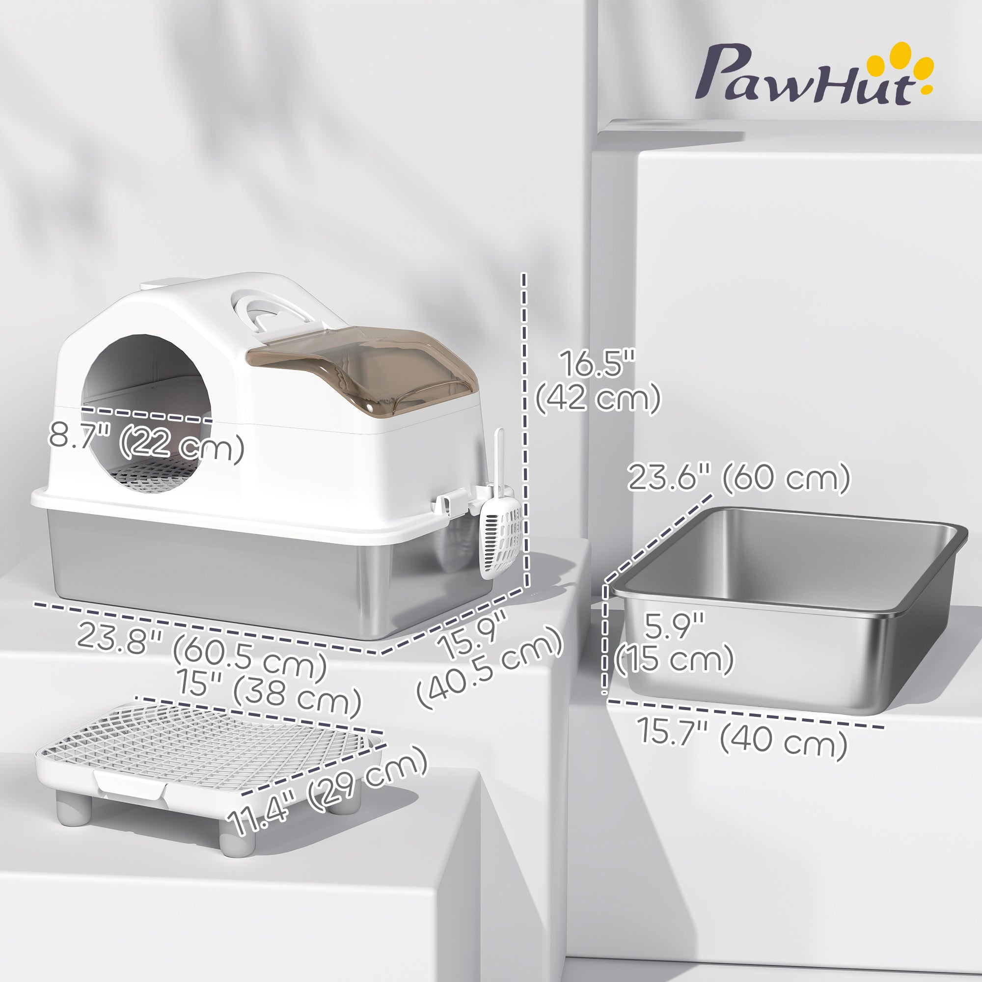 pawhut-bac-liti-re-inox-avec-couvercle-amovible-tapis-et-pelle-blanc image 5