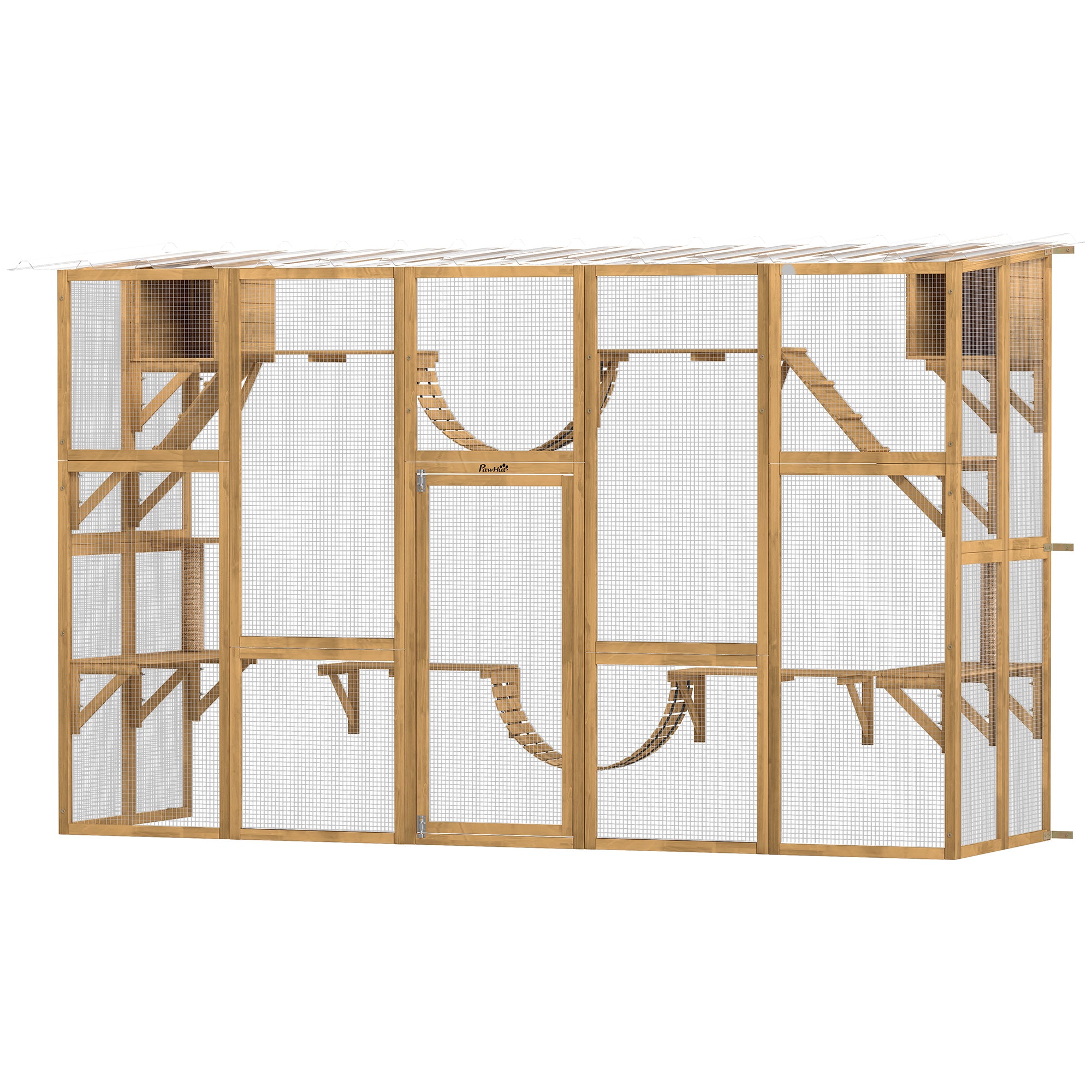pawhut-enclos-ext-rieur-pour-chats-jaune-300-x-95-x-188-cm-avec-toit-plateformes image 2