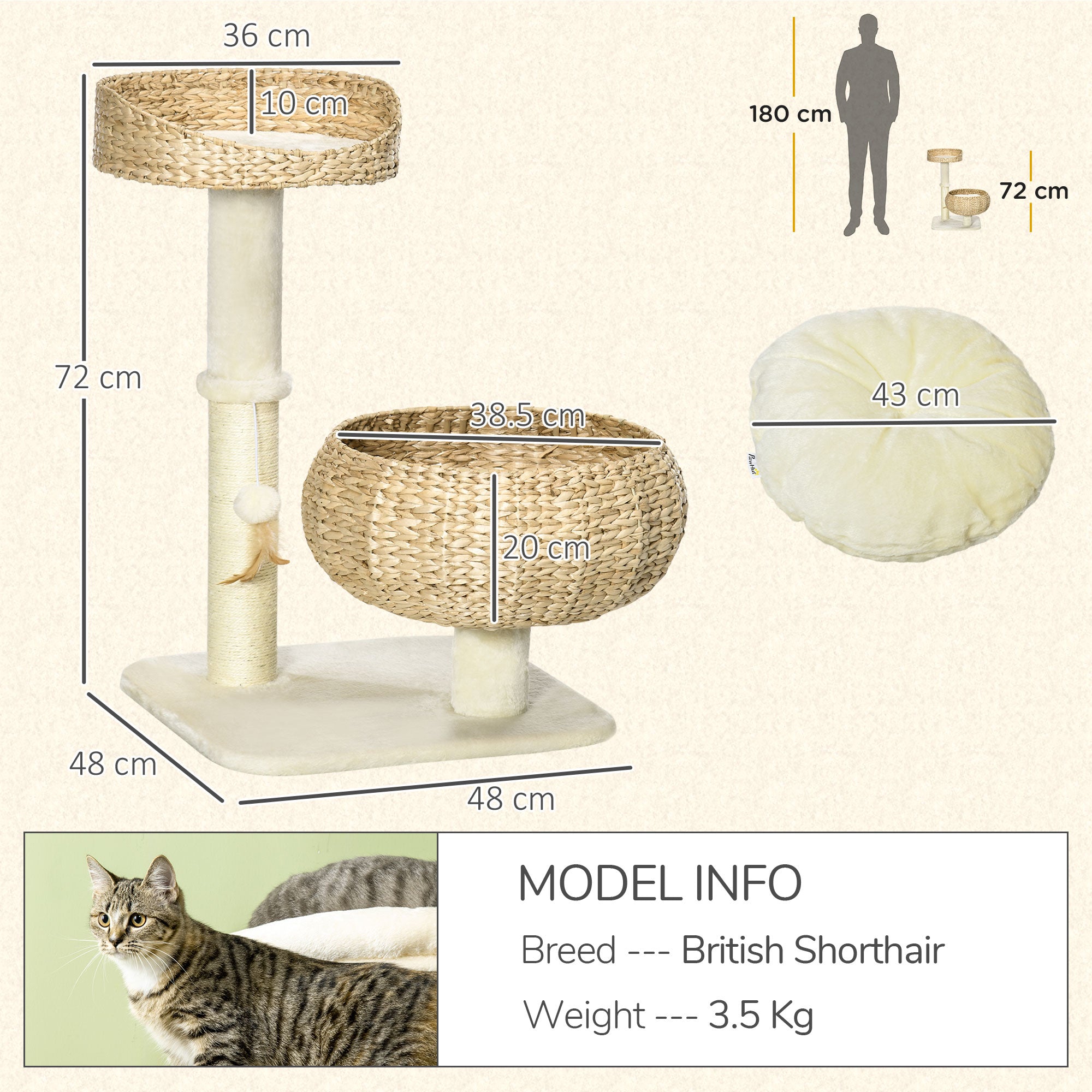pawhut-arbre-chat-maison-paille-tress-e-72-cm-avec-griffoirs-et-coussins image 5