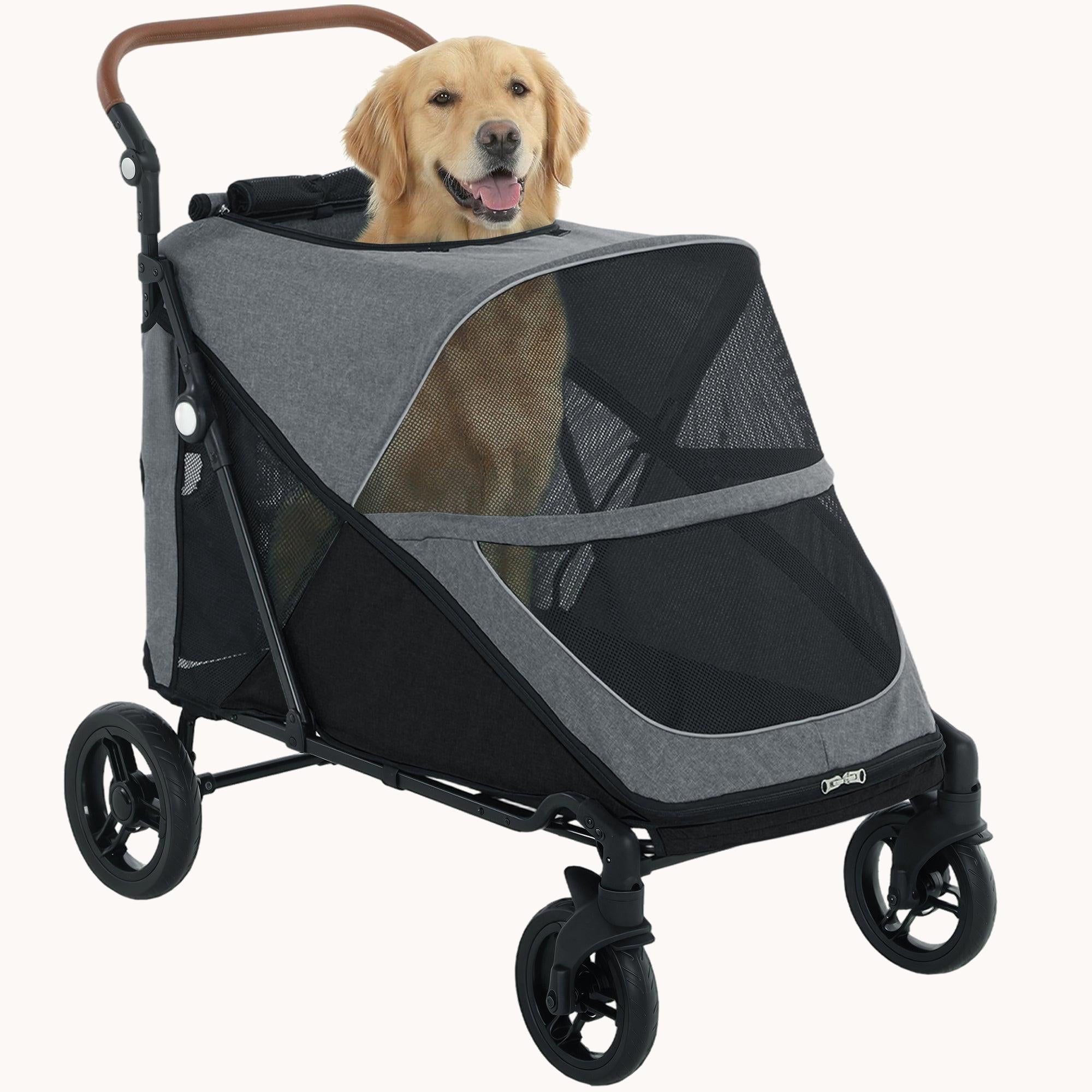 pawhut-poussette-pour-grand-chien-grise-avec-pliage-une-main-et-poign-e-r-glable image 1
