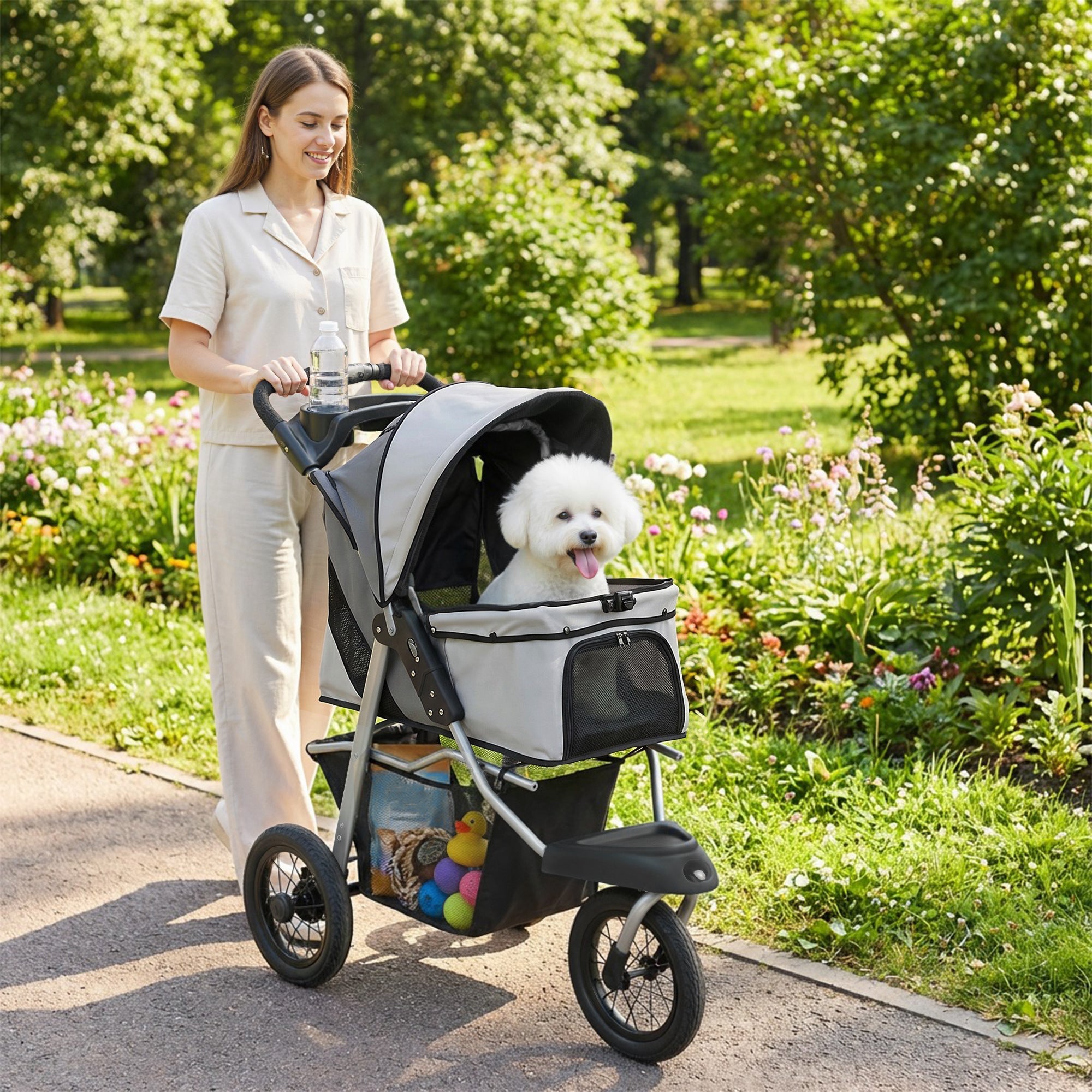 pawhut-poussette-pour-chien-pliable-3-roues-12-pouces-gris-clair-10-kg image 3