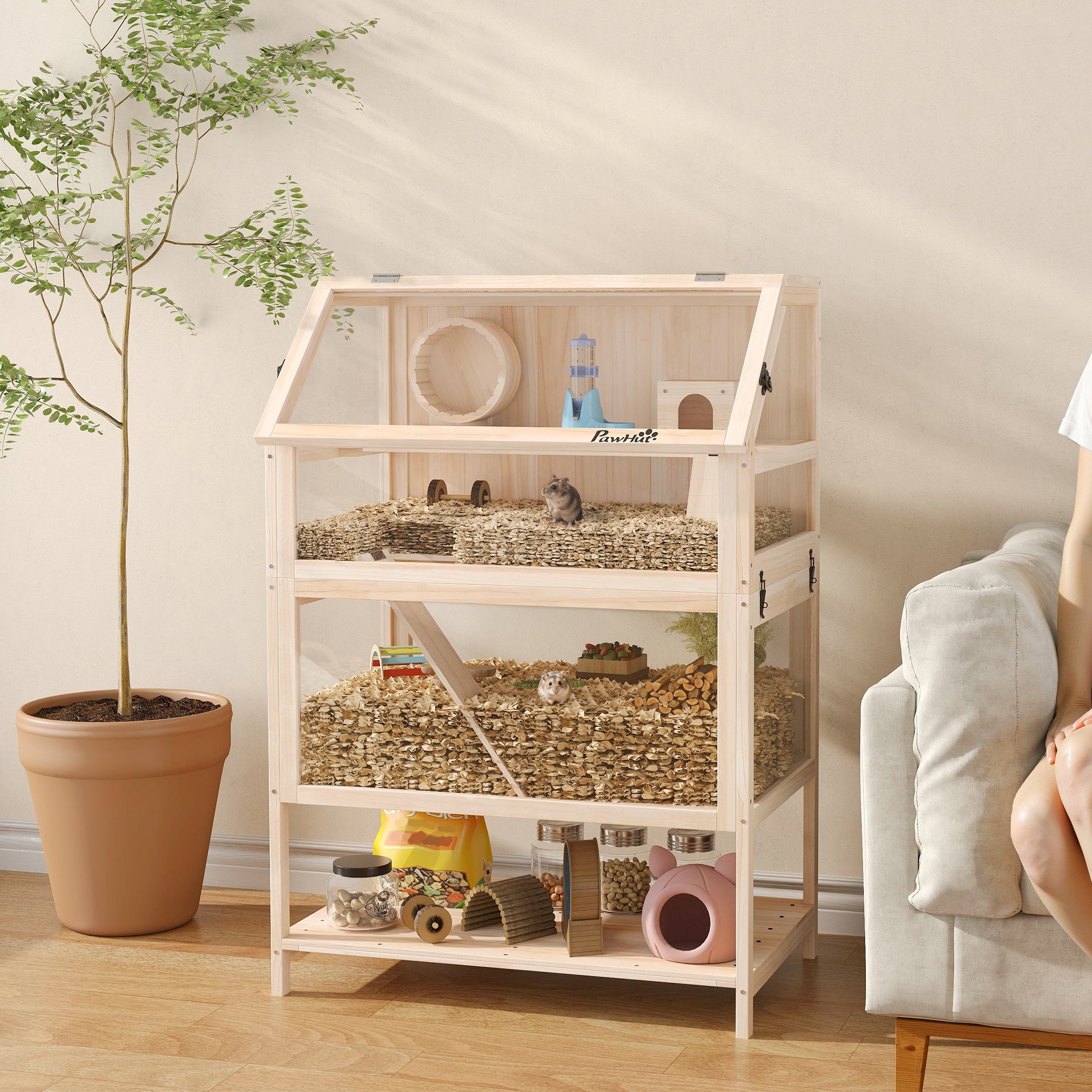 pawhut-cage-hamster-3-niveaux-80-cm-avec-roue-balan-oire-et-cabane image 3