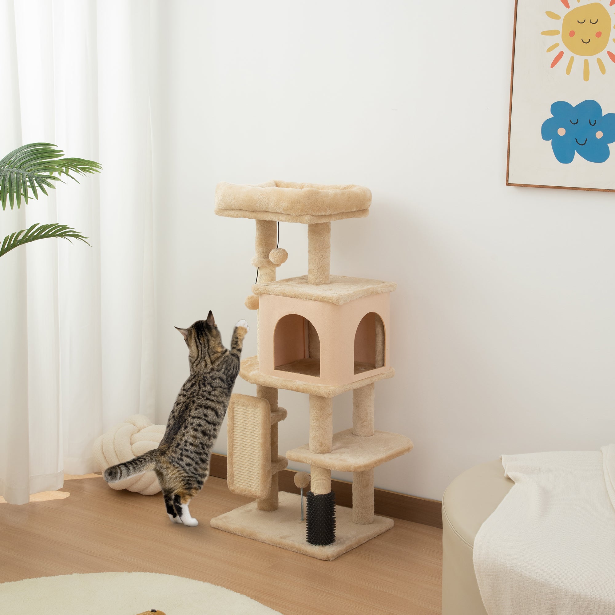 pawhut-arbre-chat-41-avec-niche-couchage-griffoirs-et-brosse-beige image 4