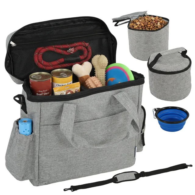 pawhut-sac-de-voyage-pour-chien-avec-2-bo-tes-repas-et-gamelle-pliable-gris-clai image 1