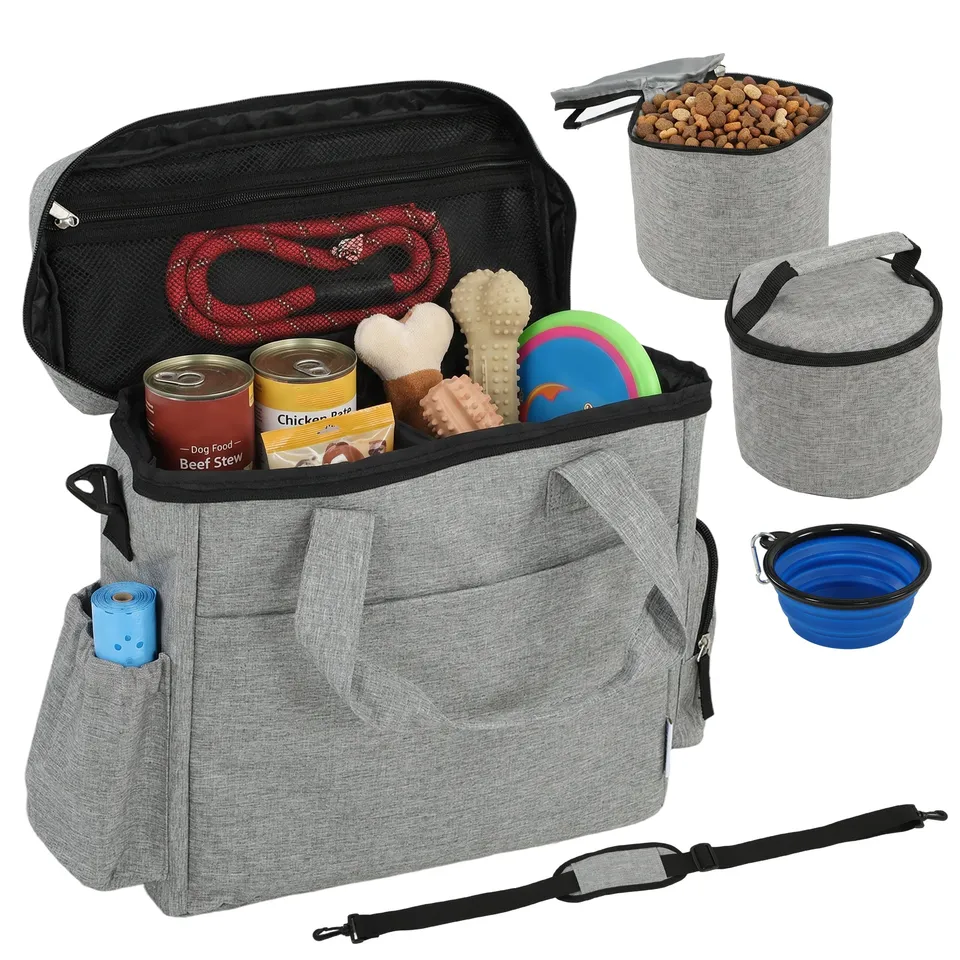 pawhut-sac-de-voyage-pour-chien-avec-2-bo-tes-repas-et-gamelle-pliable-gris-clai image 1
