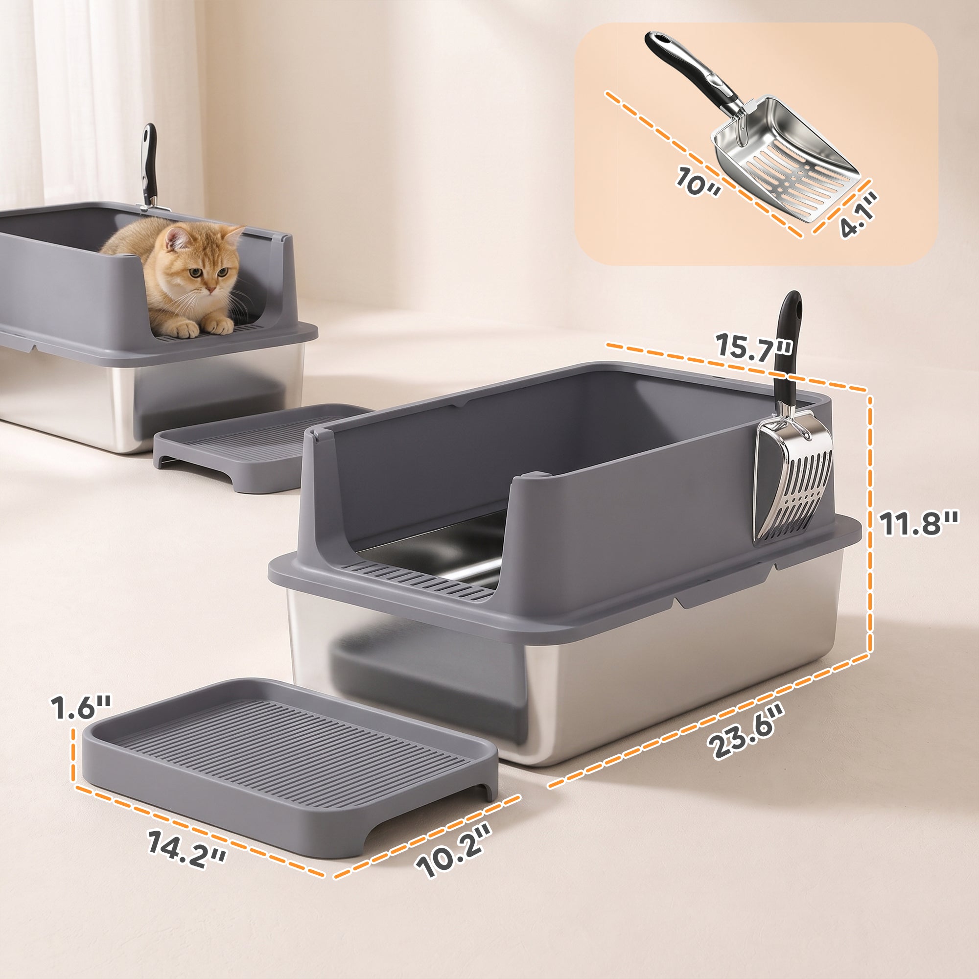 pawhut-bac-liti-re-chat-inox-xl-lot-de-2-avec-marche-et-pelles image 5