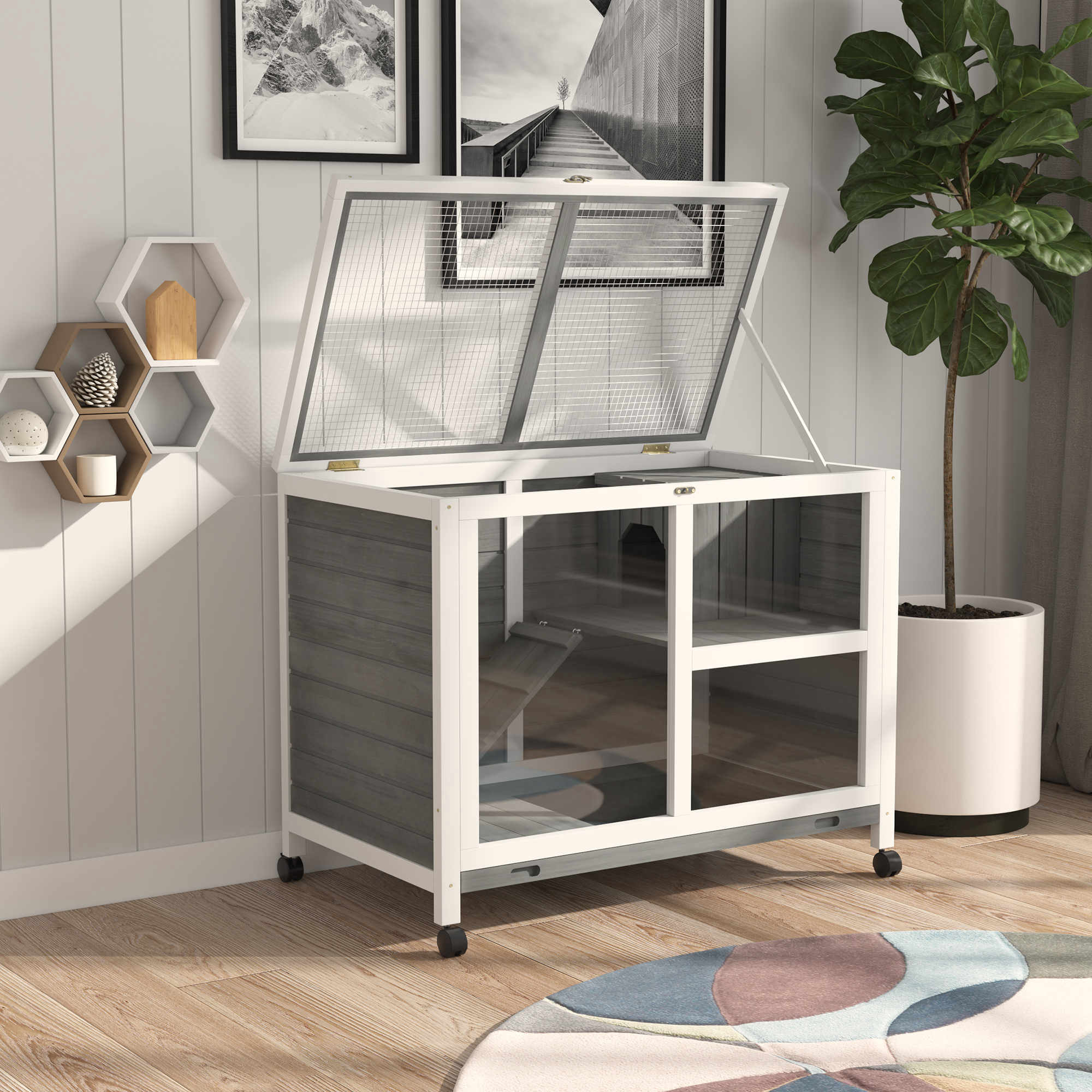 pawhut-cage-2-tages-en-bois-roulettes-pour-petits-animaux-gris image 4