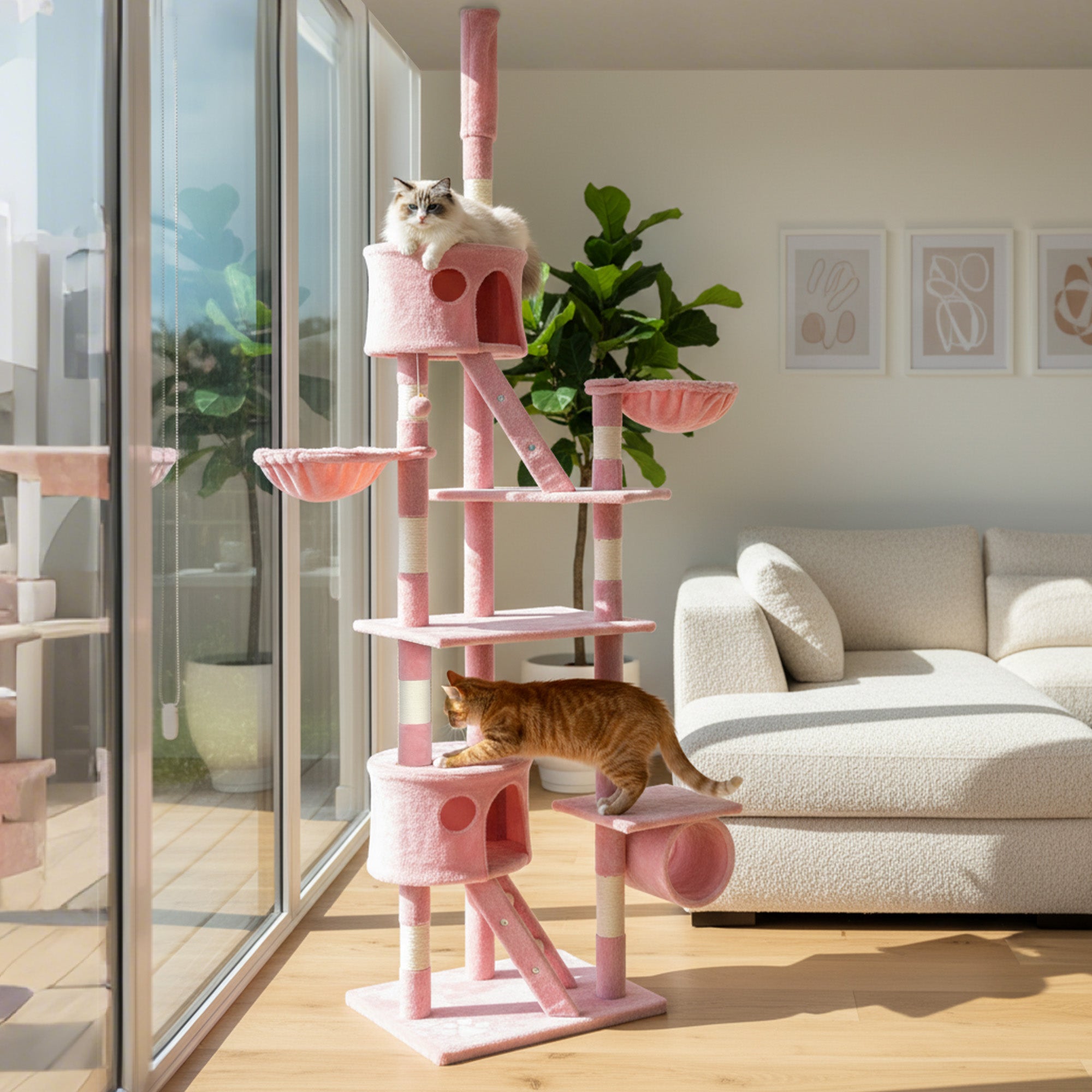 pawhut-arbre-chat-sol-plafond-7-niveaux-avec-2-niches-et-hamacs-rose image 4