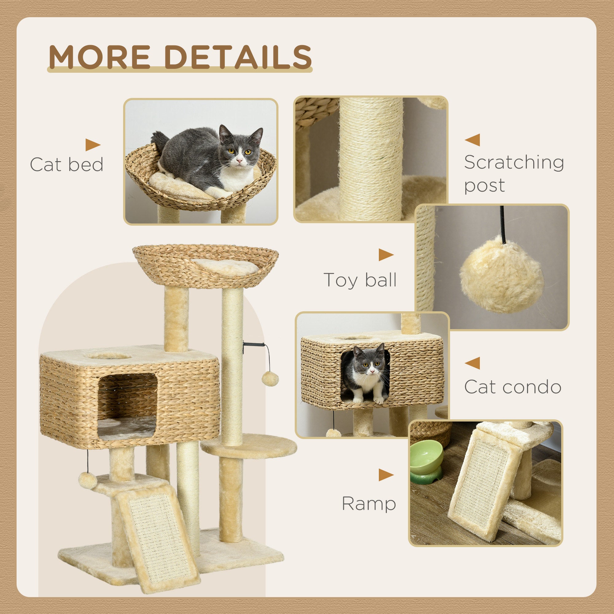 pawhut-arbre-chat-98-cm-avec-niche-lit-rampe-et-griffoirs-beige image 8