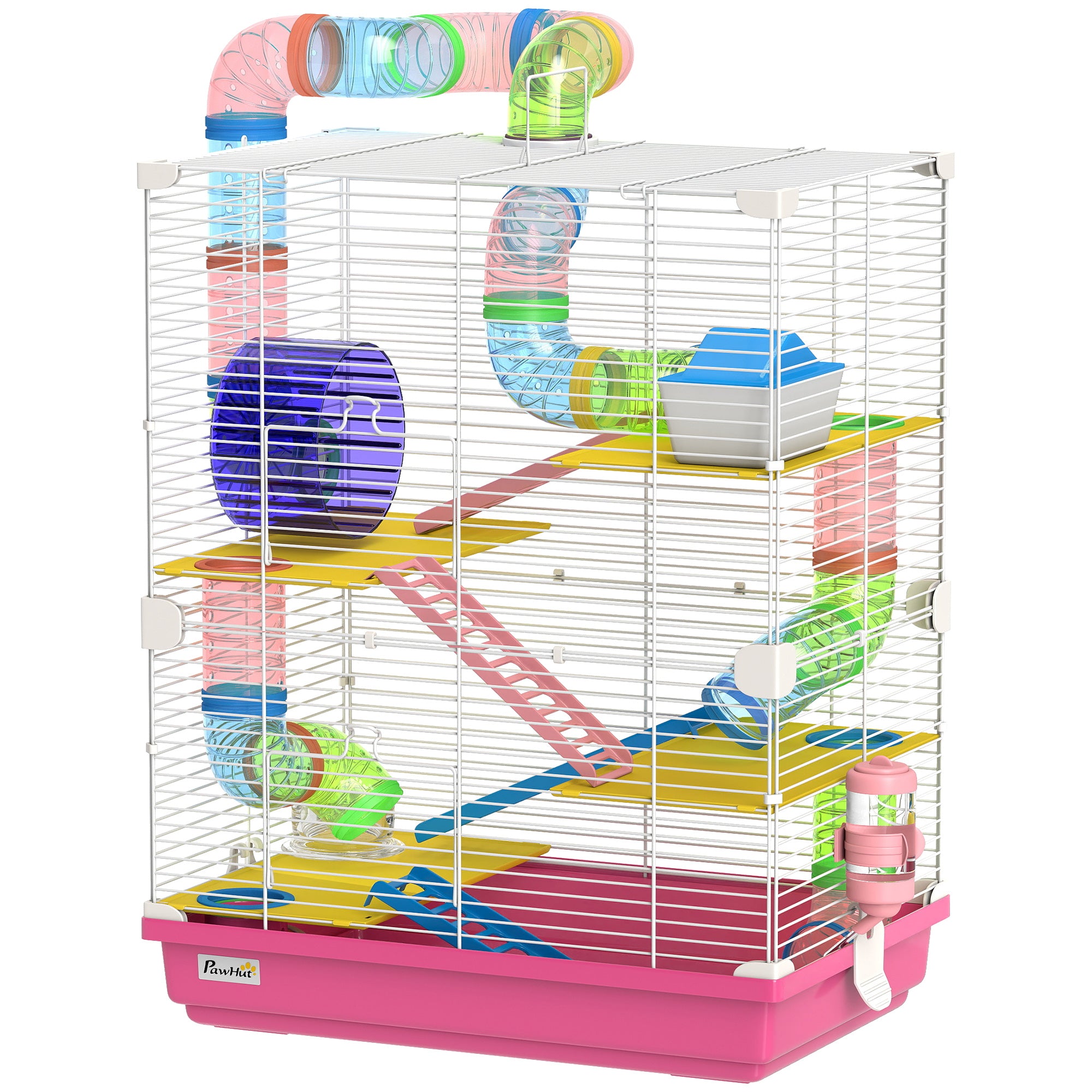 pawhut-cage-hamster-5-tages-rose-avec-roues-tubes-et-accessoires-pour-gerbilles image 2