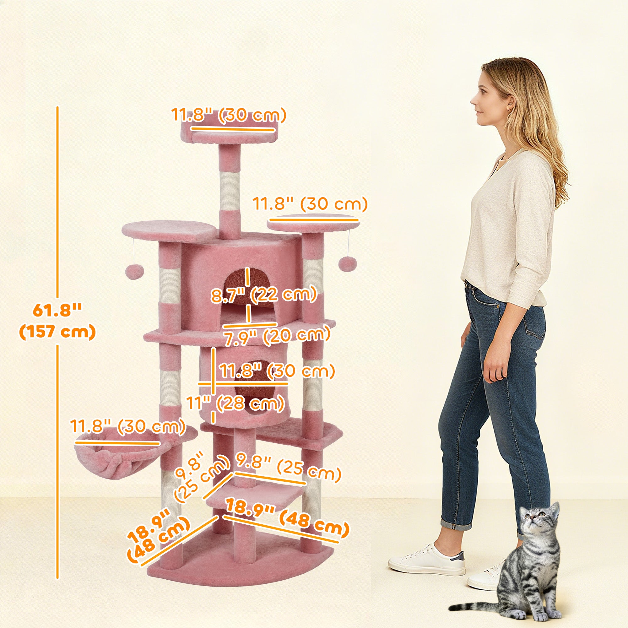 pawhut-arbre-chat-157-cm-avec-2-niches-hamac-et-perchoirs-rose image 5