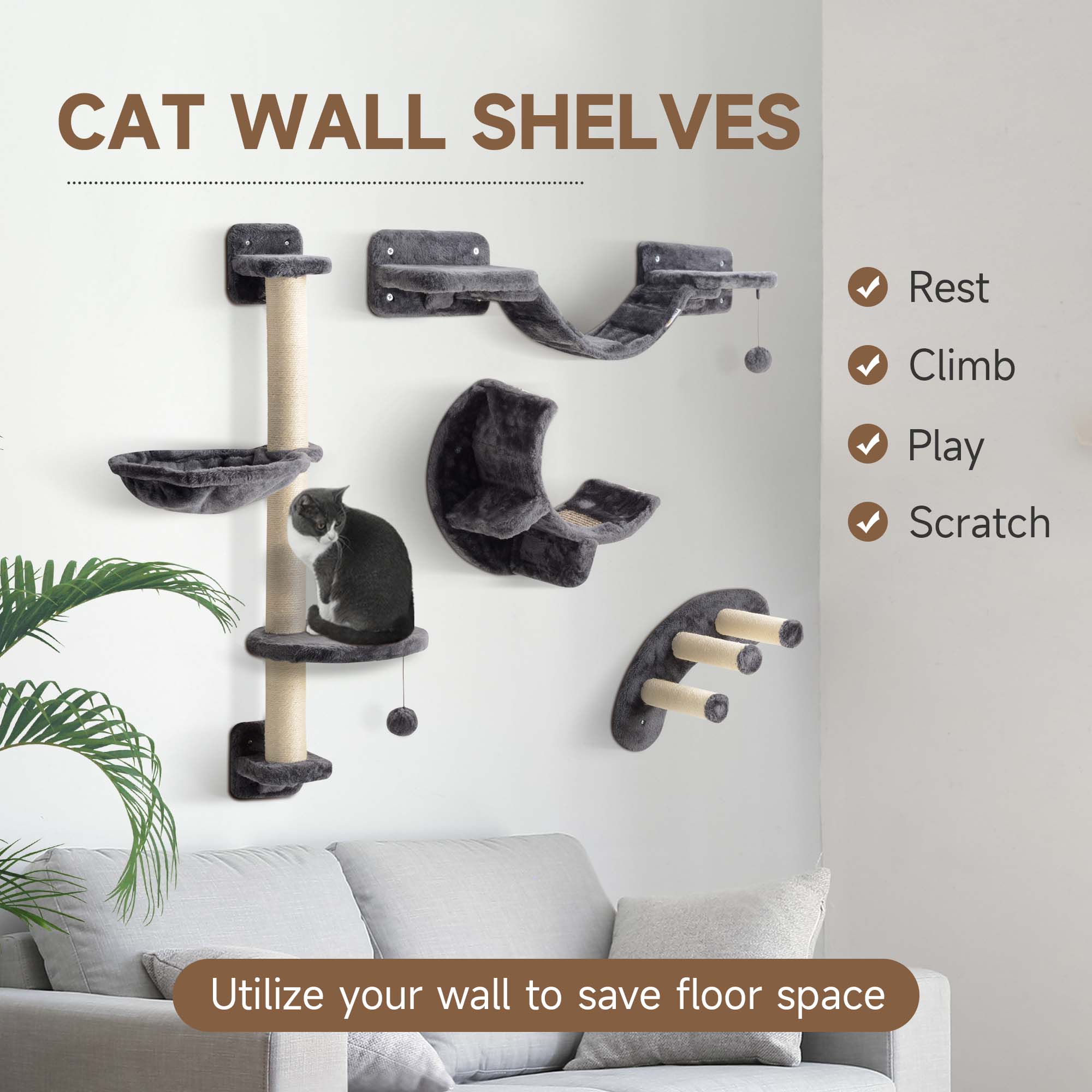 pawhut-mur-d-escalade-chat-4-pi-ces-avec-hamac-et-griffoirs-gris image 6