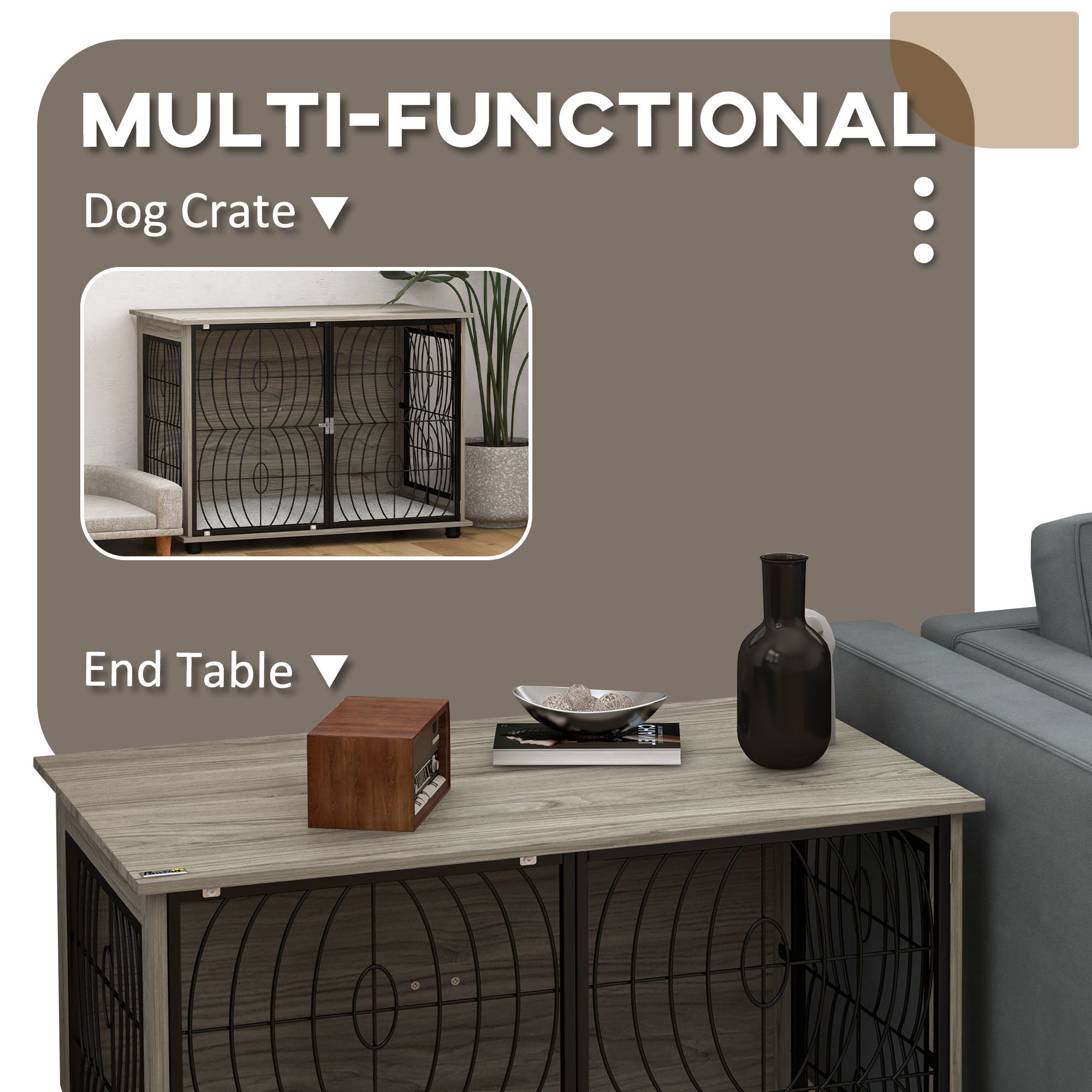 pawhut-niche-caisse-pour-chien-table-d-appoint-100x60x74-cm-avec-coussin-gris image 7