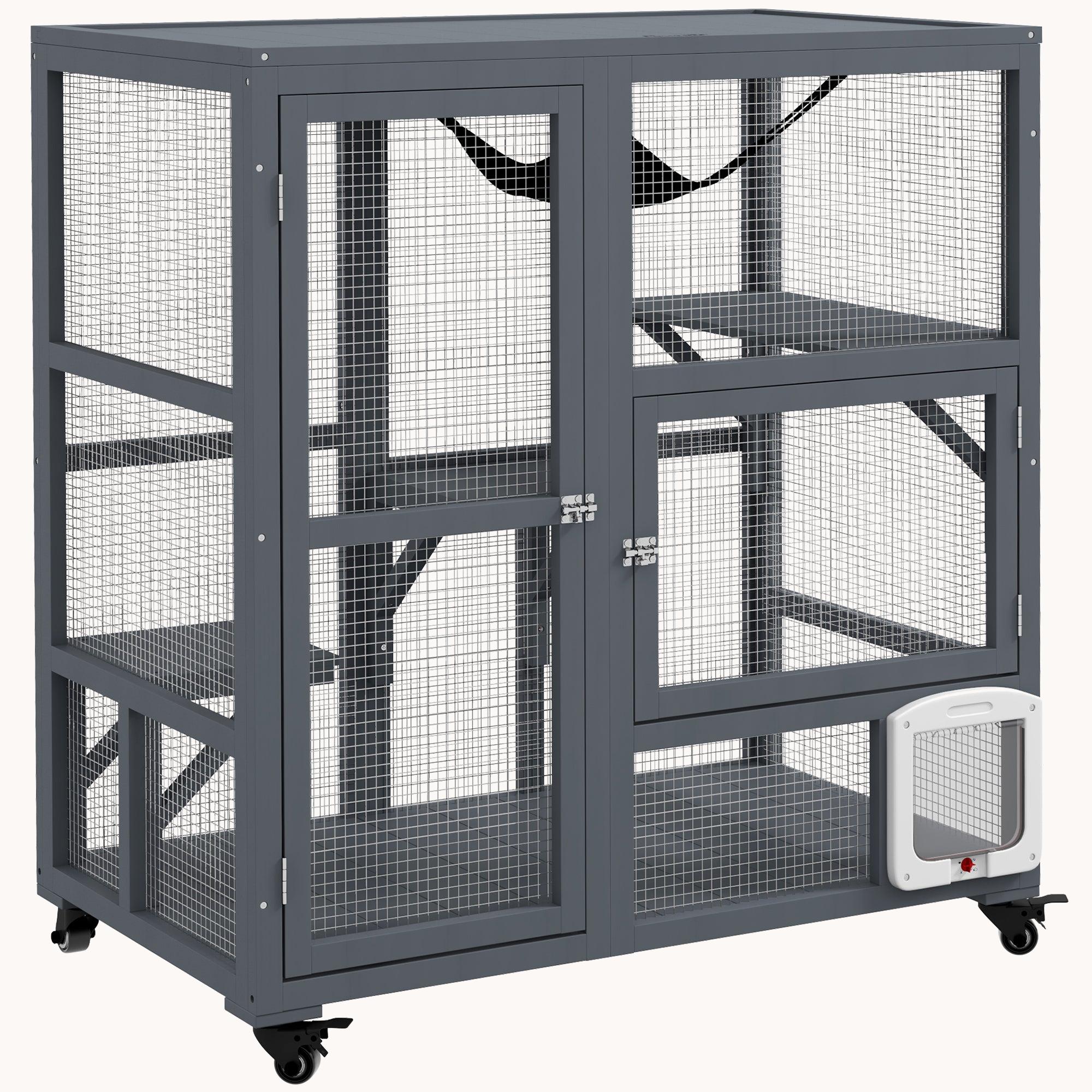 pawhut-maison-pour-chat-int-rieur-bois-39-avec-roulettes-3-plateformes-et-hamac- image 1