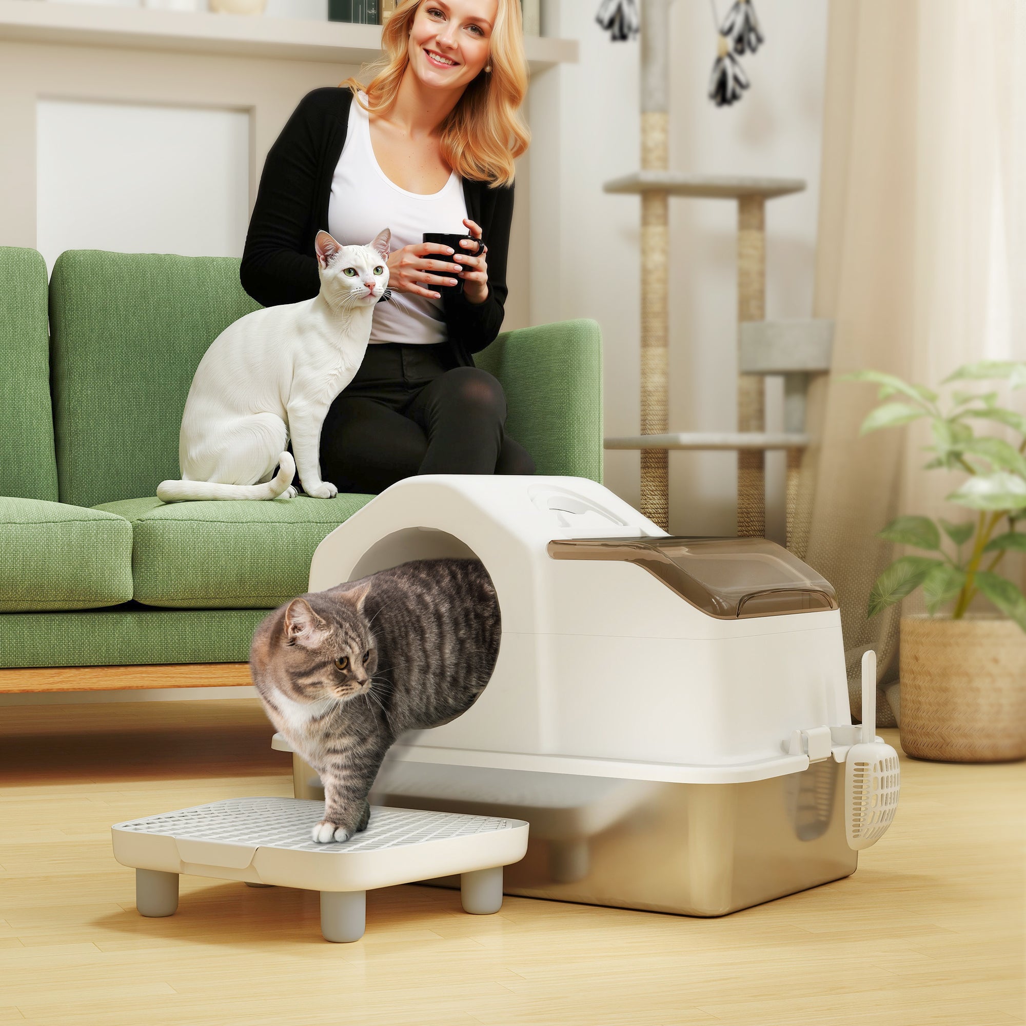 pawhut-bac-liti-re-inox-avec-couvercle-amovible-tapis-et-pelle-blanc image 4