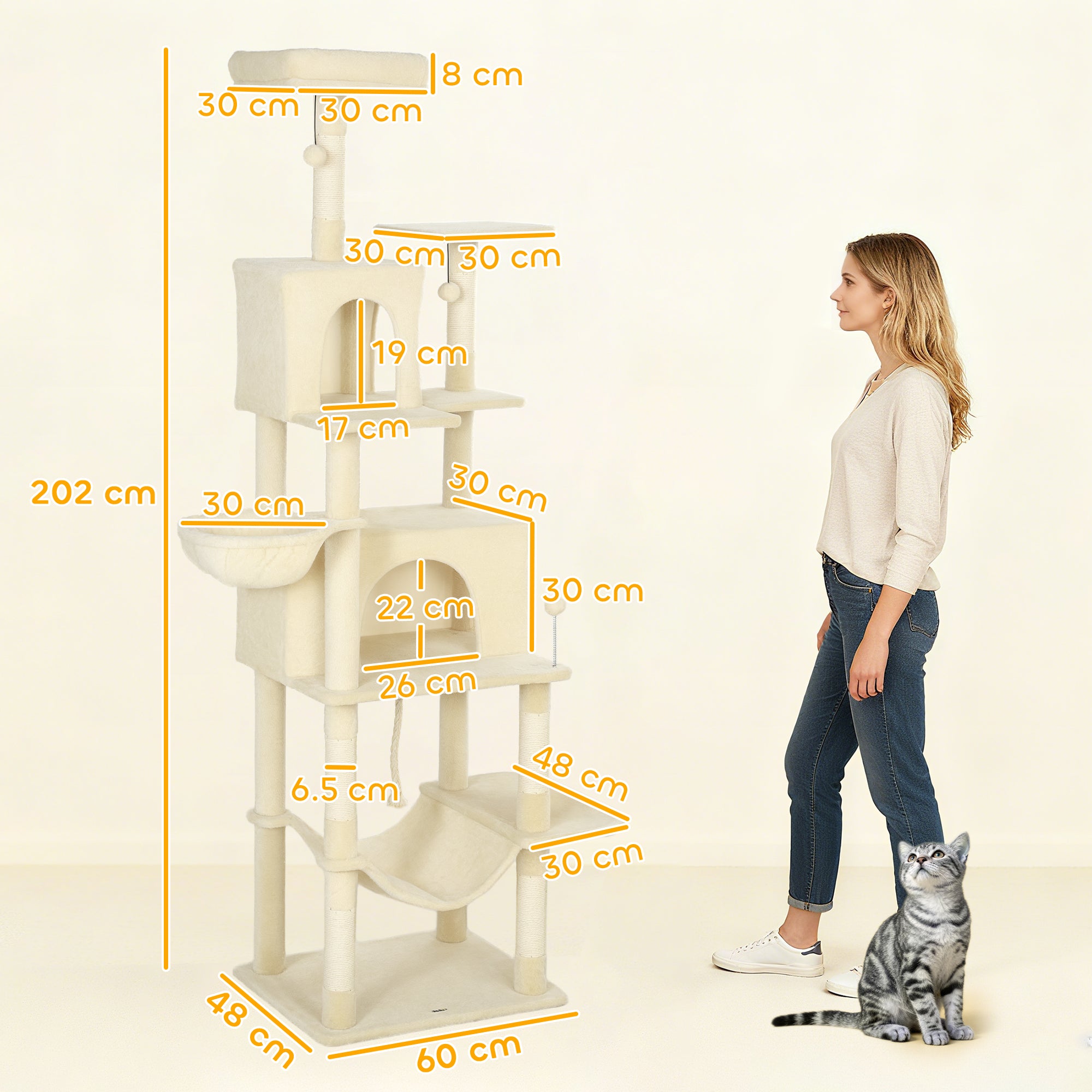 pawhut-grand-arbre-chat-202-cm-avec-6-griffoirs-2-niches-et-2-hamacs-beige image 5