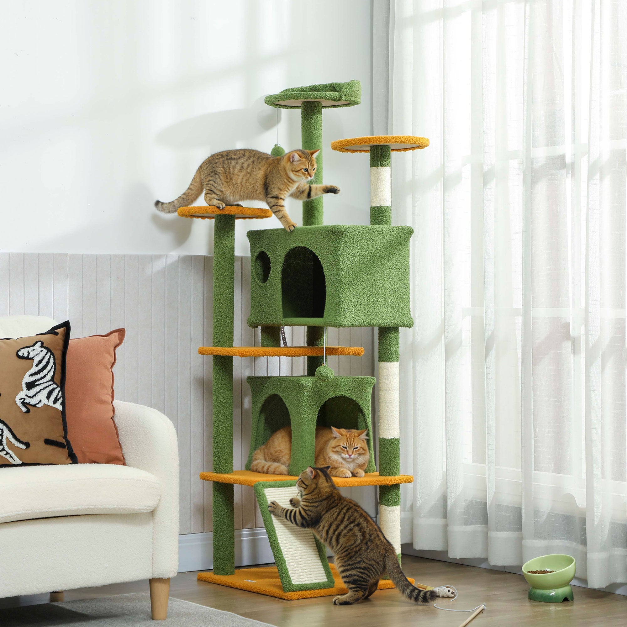 pawhut-arbre-chat-160-cm-avec-niches-lit-rampe-et-griffoirs-vert image 3