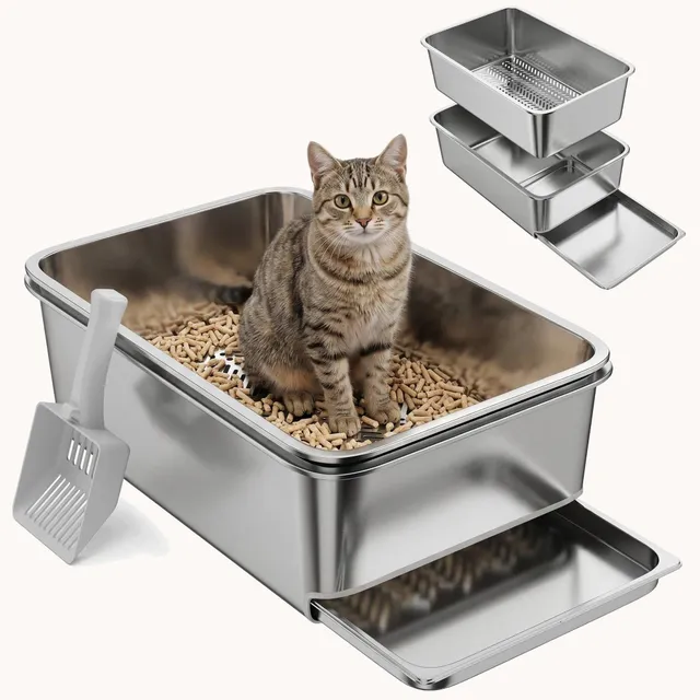 pawhut-bac-liti-re-chat-inox-xl-tamis-avec-c-t-s-hauts-argent image 1