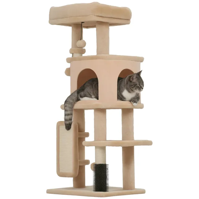 pawhut-arbre-chat-41-avec-niche-couchage-griffoirs-et-brosse-beige image 1