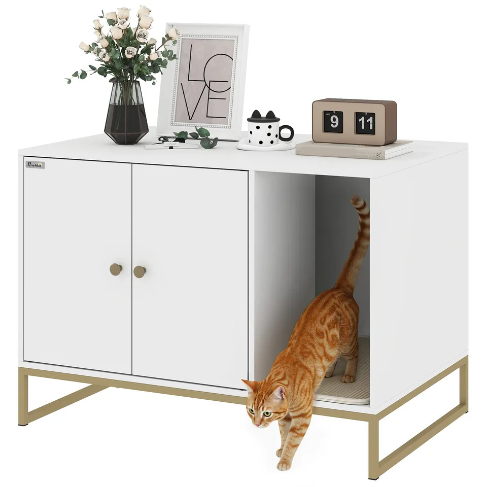 pawhut-meuble-liti-re-cach-e-avec-tapis-et-rangement-lat-ral-blanc image 1