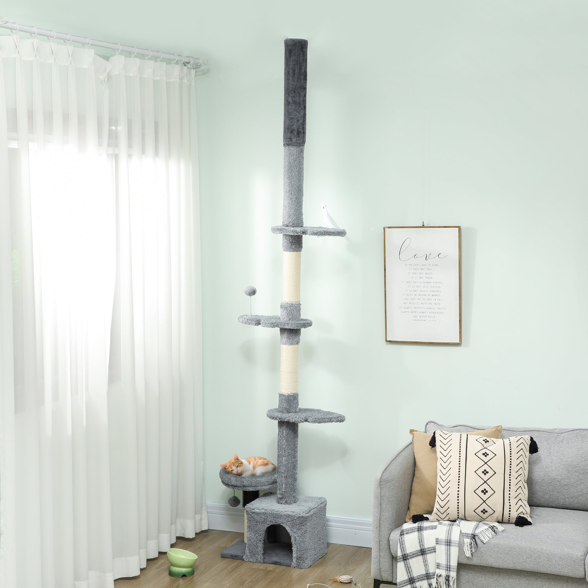 pawhut-arbre-chat-sol-plafond-avec-niche-et-perchoirs-gris image 3