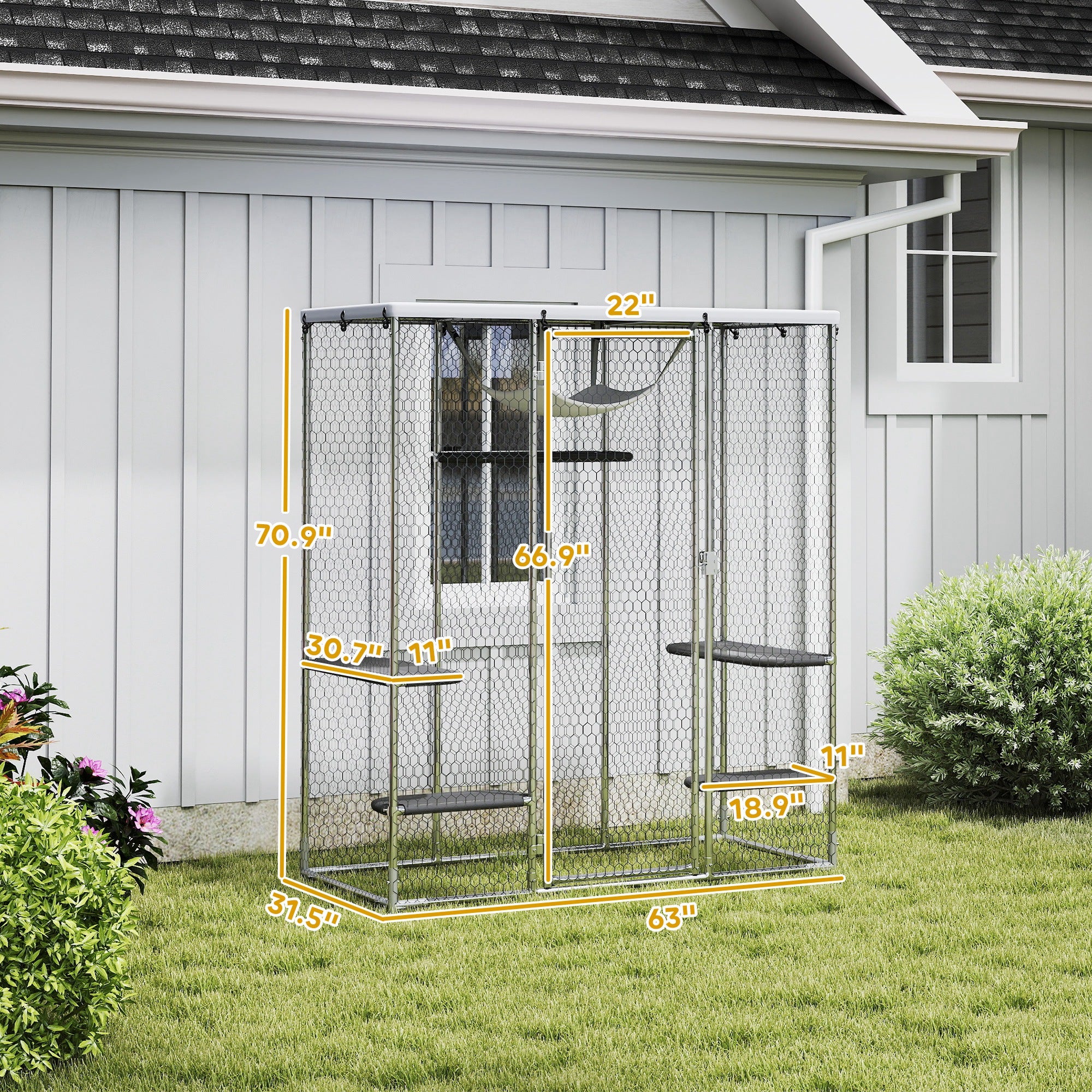 pawhut-catio-ext-rieur-m-tal-avec-5-plateformes-hamac-et-b-che-argent image 5