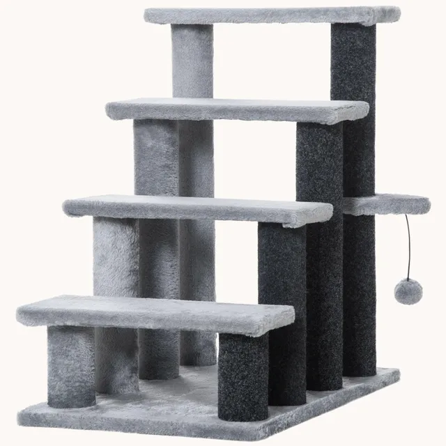 pawhut-escalier-pour-chat-4-marches-2-en-1-avec-griffoirs-et-balle-suspendue-gri image 1