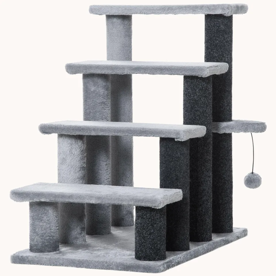 pawhut-escalier-pour-chat-4-marches-2-en-1-avec-griffoirs-et-balle-suspendue-gri image 1