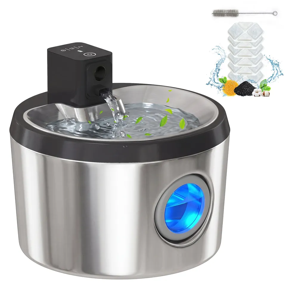 pawhut-fontaine-eau-sans-fil-inox-4l-avec-d-tecteur-de-mouvement-6-filtres image 1
