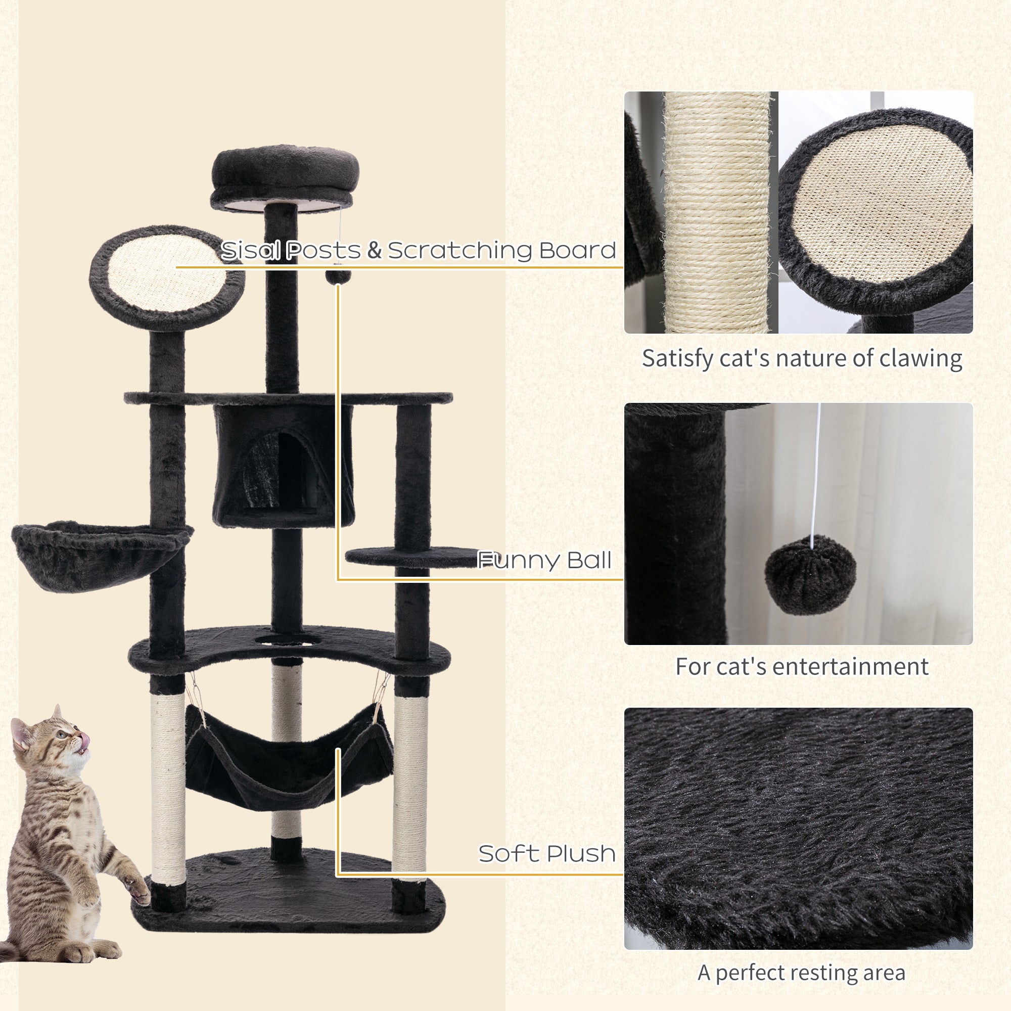 pawhut-arbre-chat-150-cm-avec-niche-2-hamacs-et-griffoirs-gris-fonc image 7