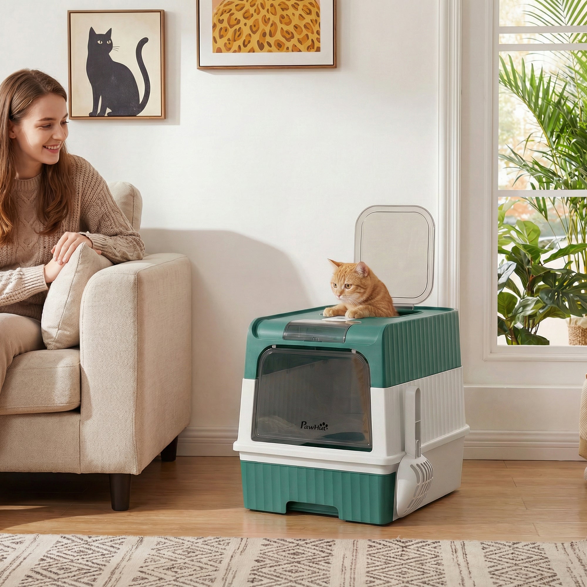 pawhut-bac-liti-re-pour-chat-enclosed-avec-tiroir-pelle-et-sortie-haute-bleu-sar image 3