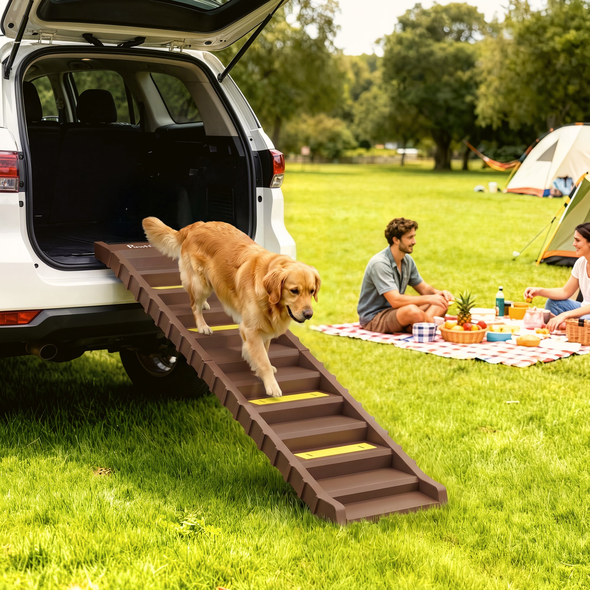 pawhut-rampe-pliable-10-marches-pour-chien-voiture-et-lit-marron image 3