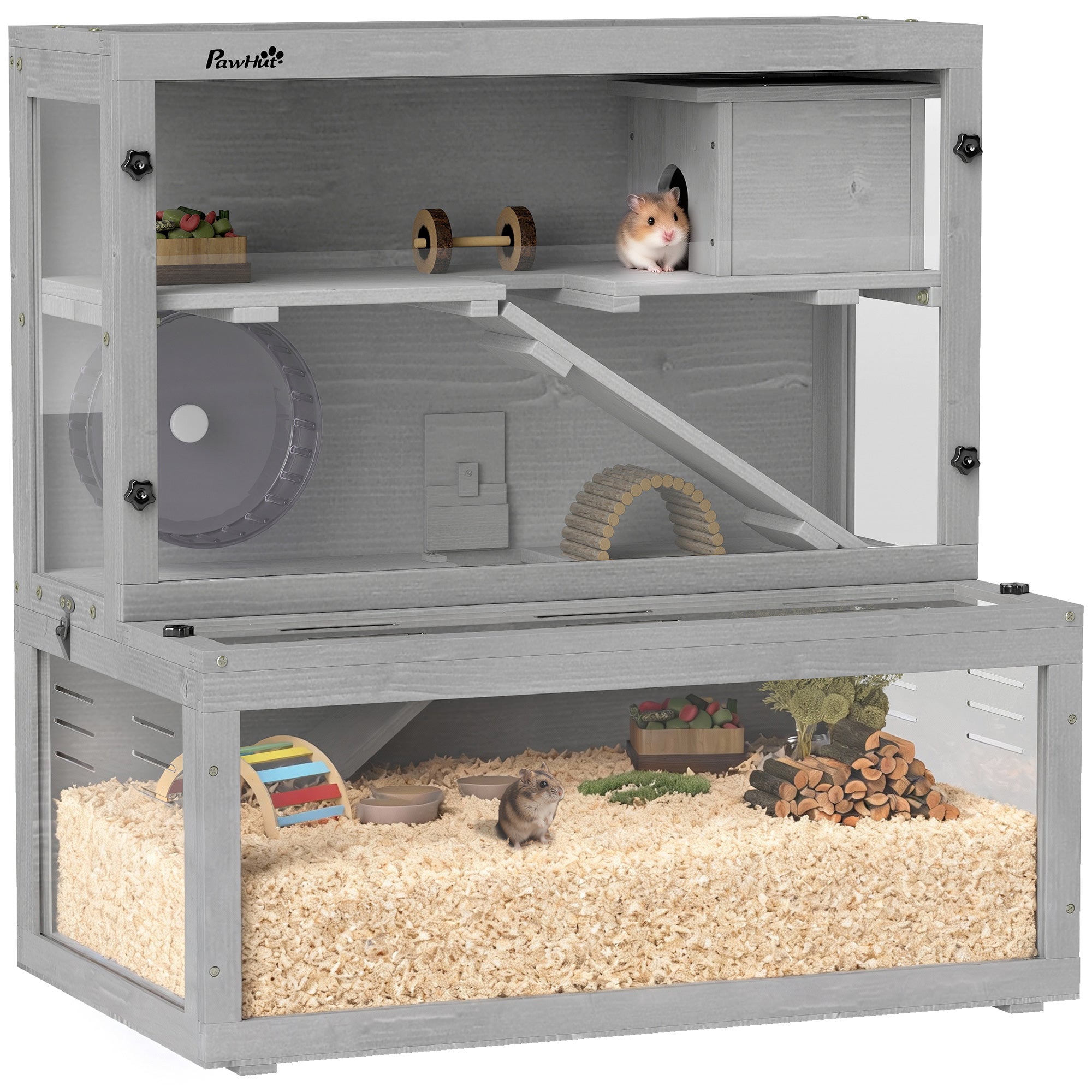 pawhut-cage-hamster-3-niveaux-bois-de-sapin-panneau-transparent-gris image 1