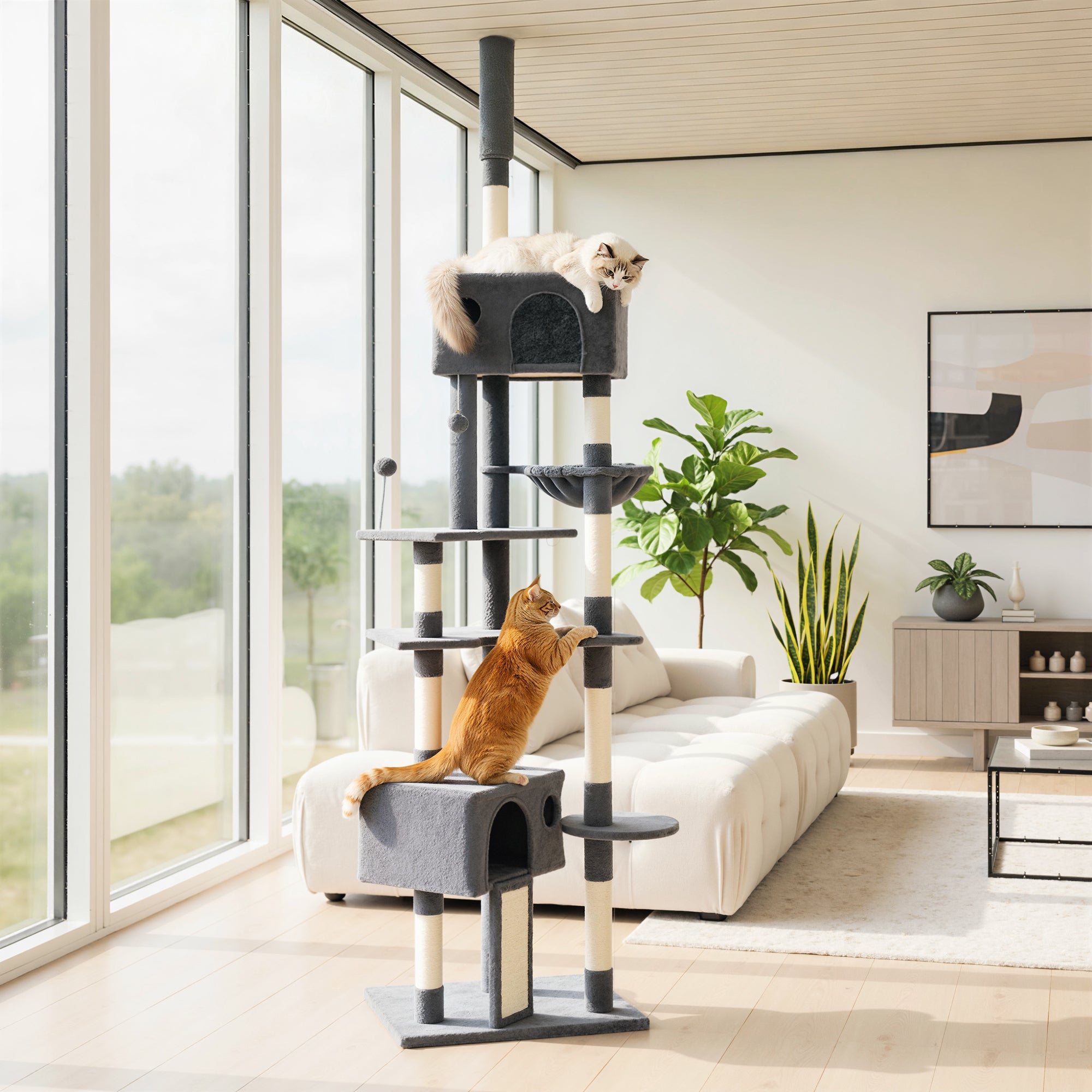 pawhut-arbre-chat-du-sol-au-plafond-230-250-cm-avec-2-niches-et-hamac-gris-fonc image 4