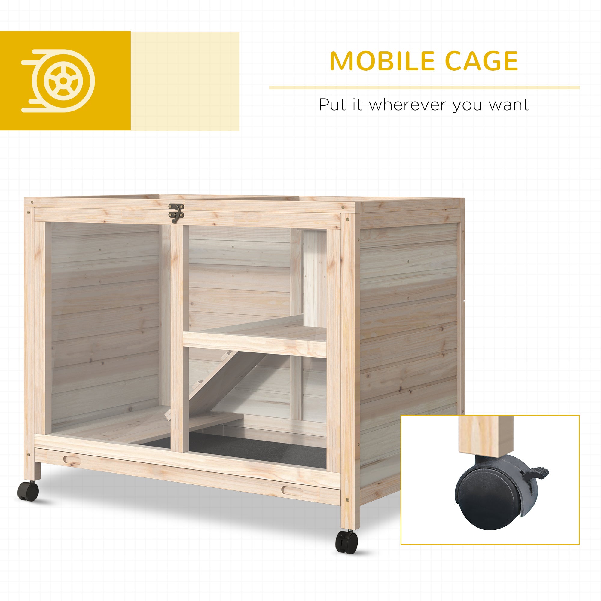 pawhut-cage-cochon-d-inde-2-tages-en-bois-roulettes-toit-ouvrant-naturel image 8