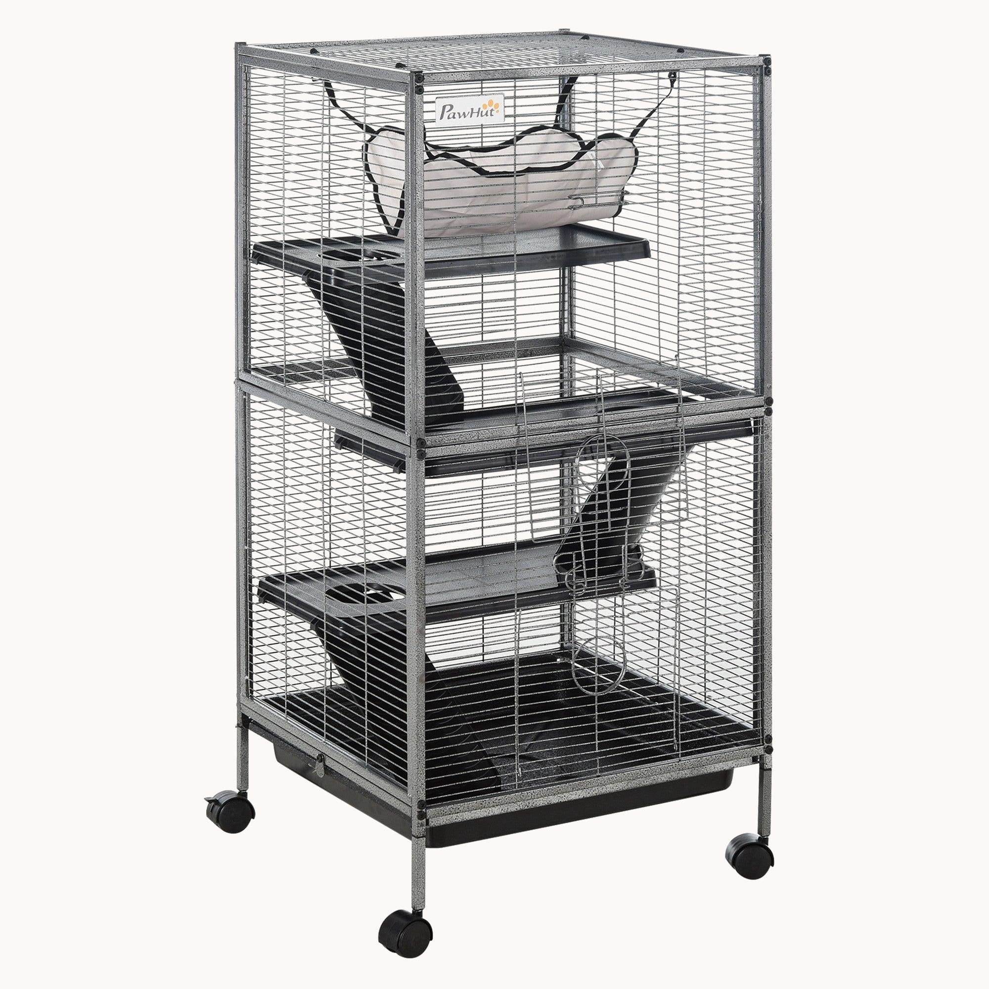 pawhut-cage-petits-animaux-4-tages-roulettes-avec-hamac-et-bac-gris image 2