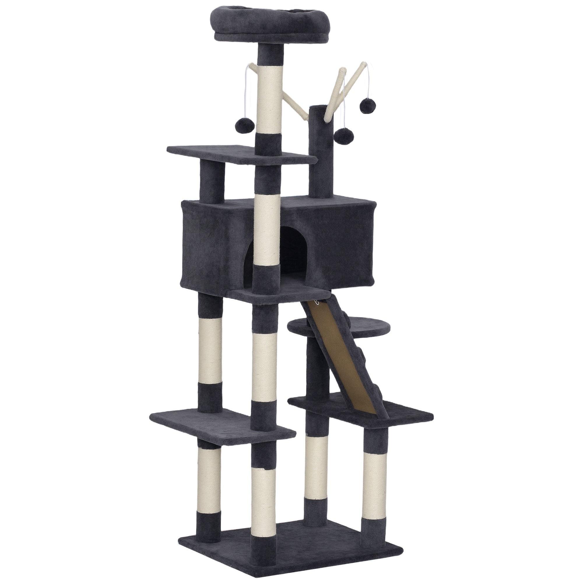 pawhut-arbre-chat-multi-niveaux-59-avec-niche-et-chelle-gris-fonc image 2