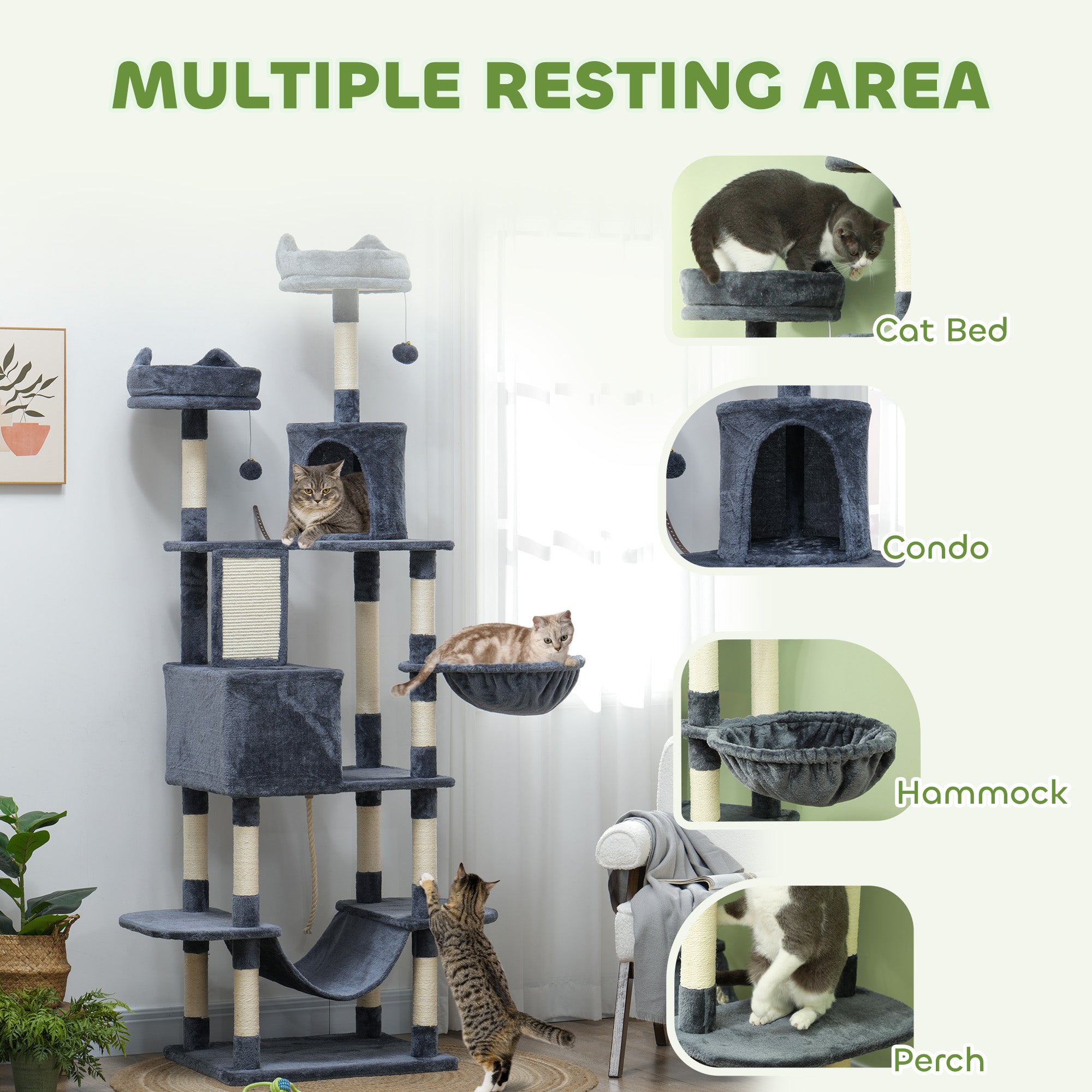 pawhut-arbre-chat-206-cm-multi-niveaux-avec-niches-et-griffoirs-sisal-gris-fonc image 6
