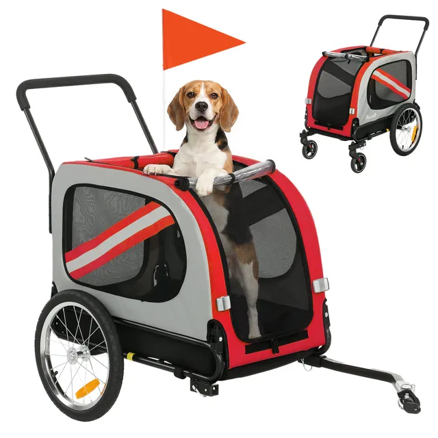 pawhut-remorque-v-lo-2-en-1-pliable-avec-poussette-pour-chiens-moyens-rouge image 1